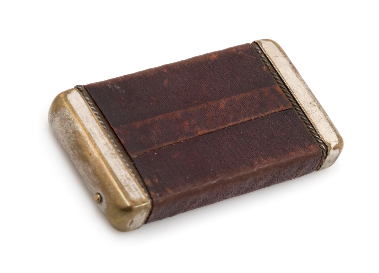 An American Leather and Mixed Metal Advertisement Match Safe Height 2 3/4 inches. — LATE 19TH CENTURY