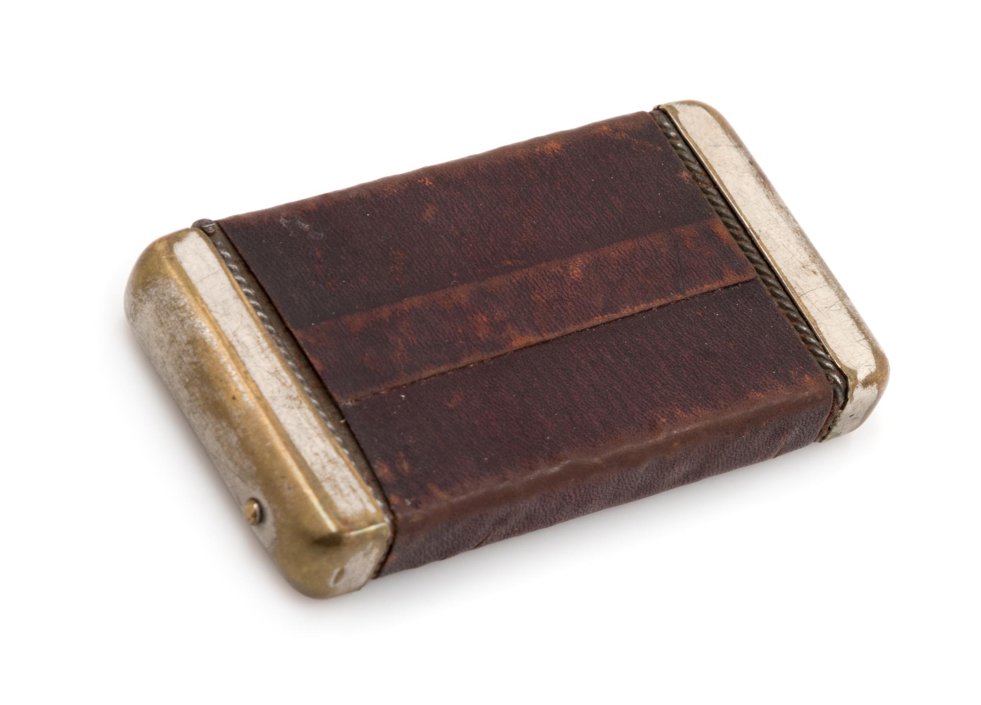 An American Leather and Mixed Metal Advertisement Match Safe Height 2 3/4 inches. — LATE 19TH CENTURY
