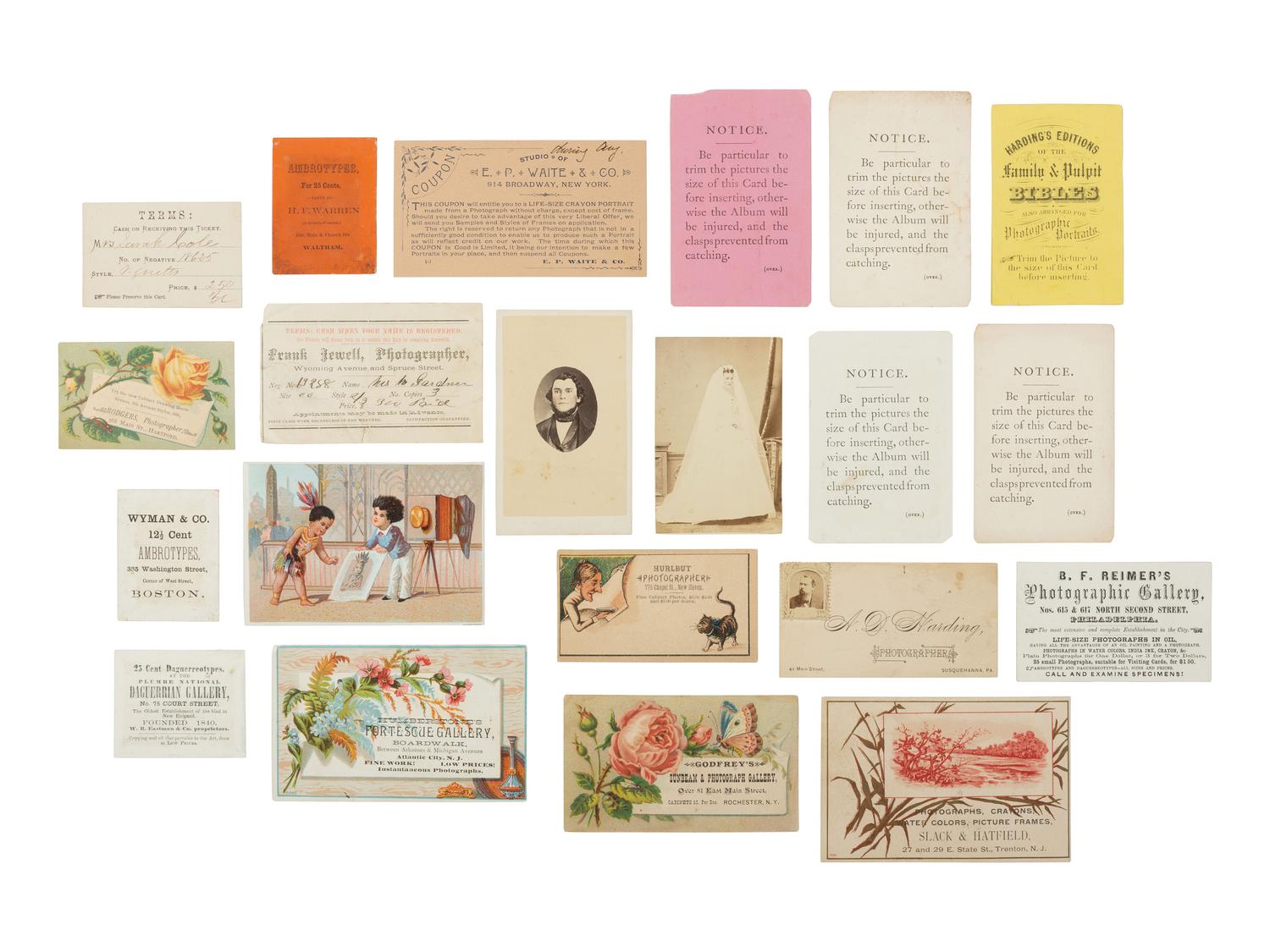 [EARLY PHOTOGRAPHY]. A large assortment of photographers' advertising cards, sheets, and signage.