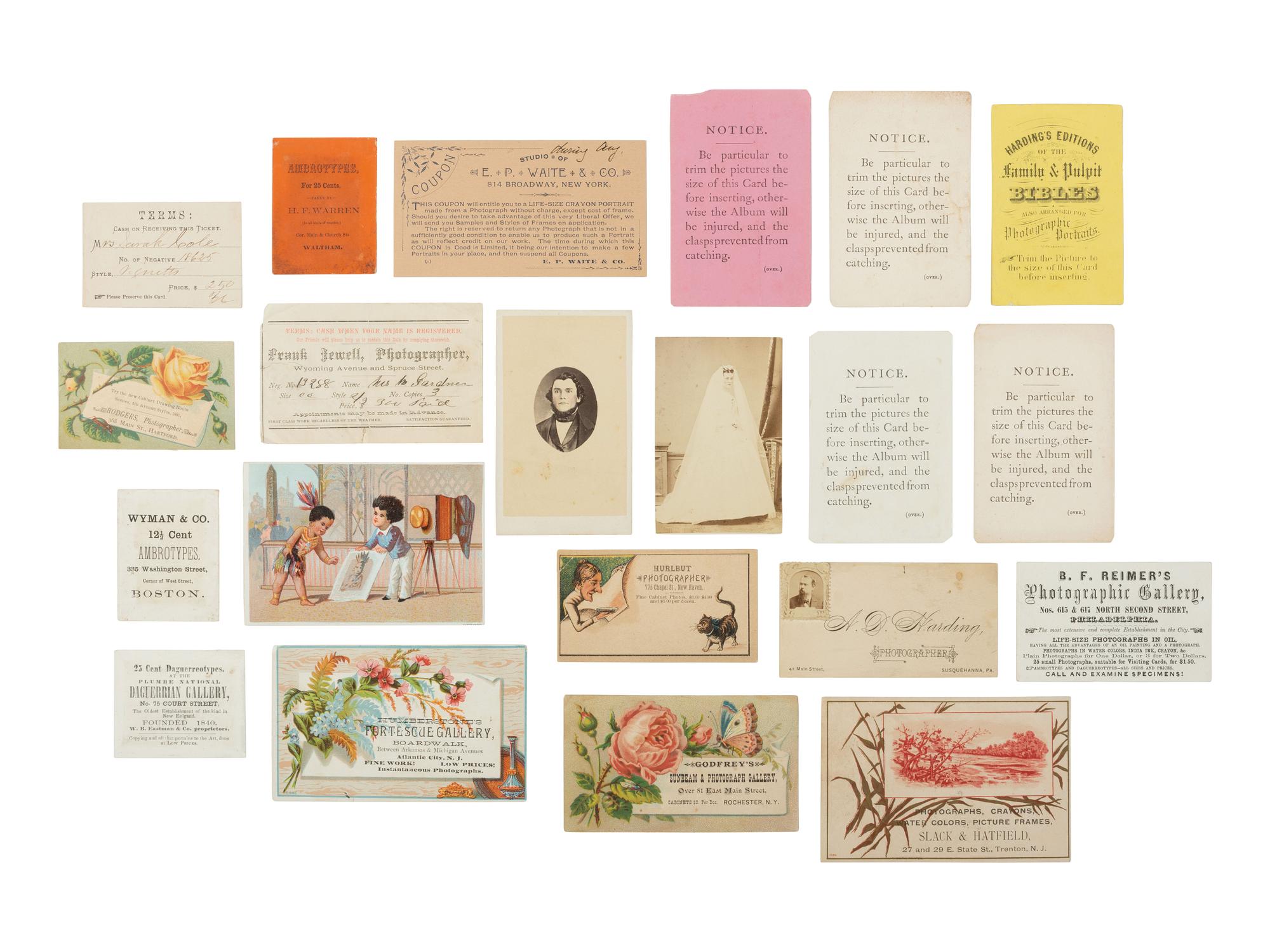 [EARLY PHOTOGRAPHY]. A large assortment of photographers' advertising cards, sheets, and signage.