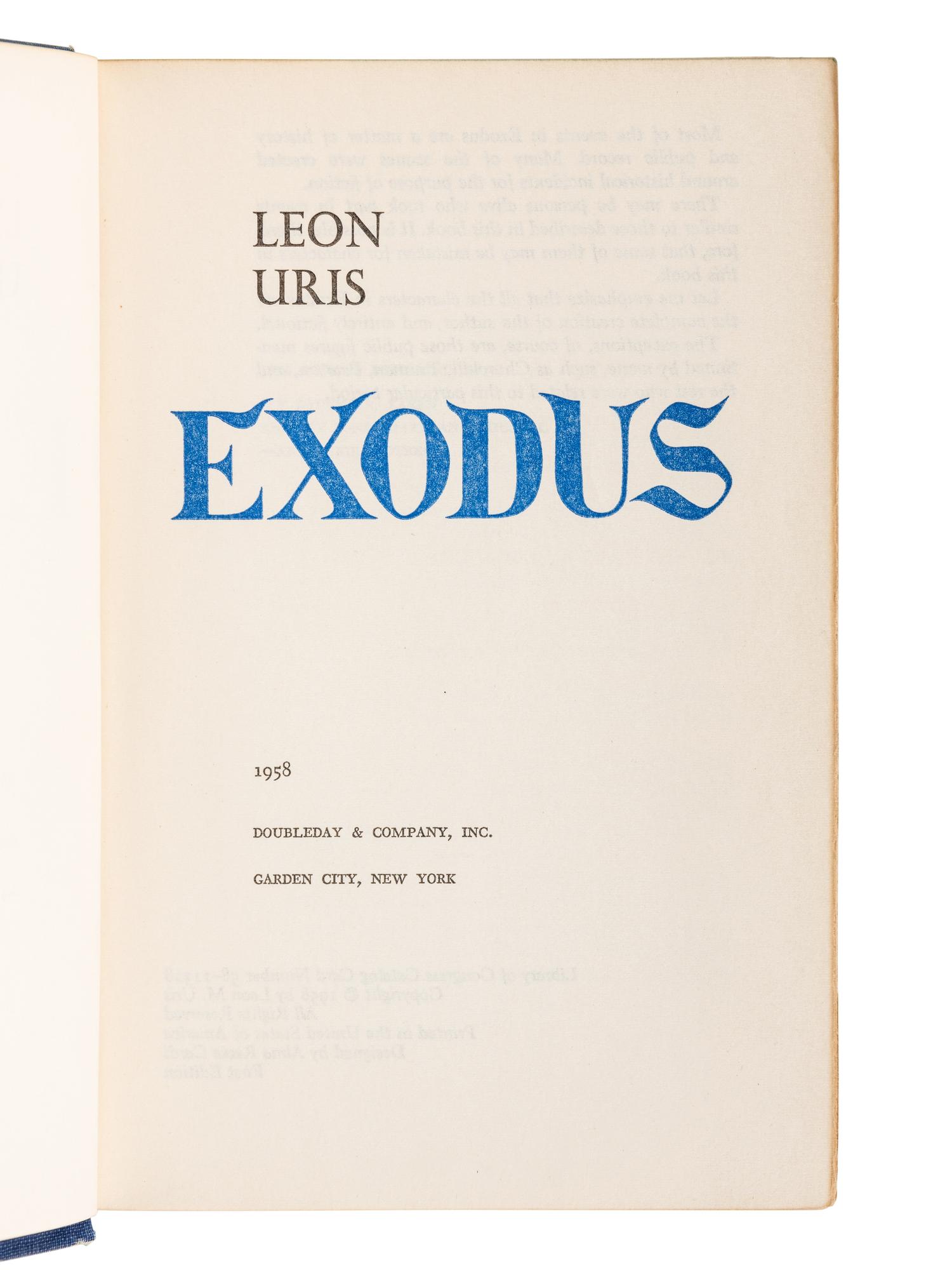 URIS, Leon (1924-2003). Exodus . Garden City, NY: Doubleday & Company, Inc., 1958.