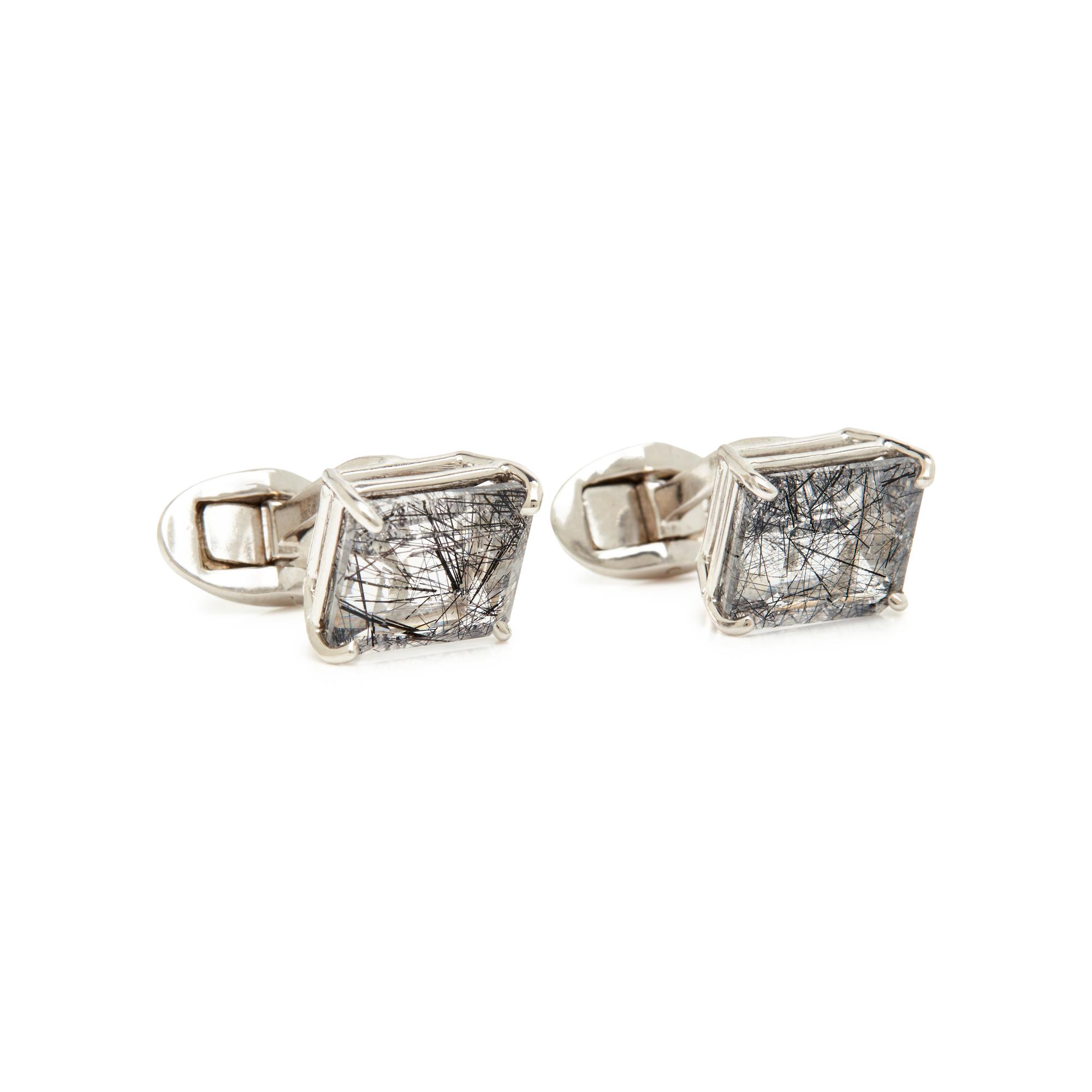 WHITE GOLD AND TOURMALINATED QUARTZ CUFFLINKS