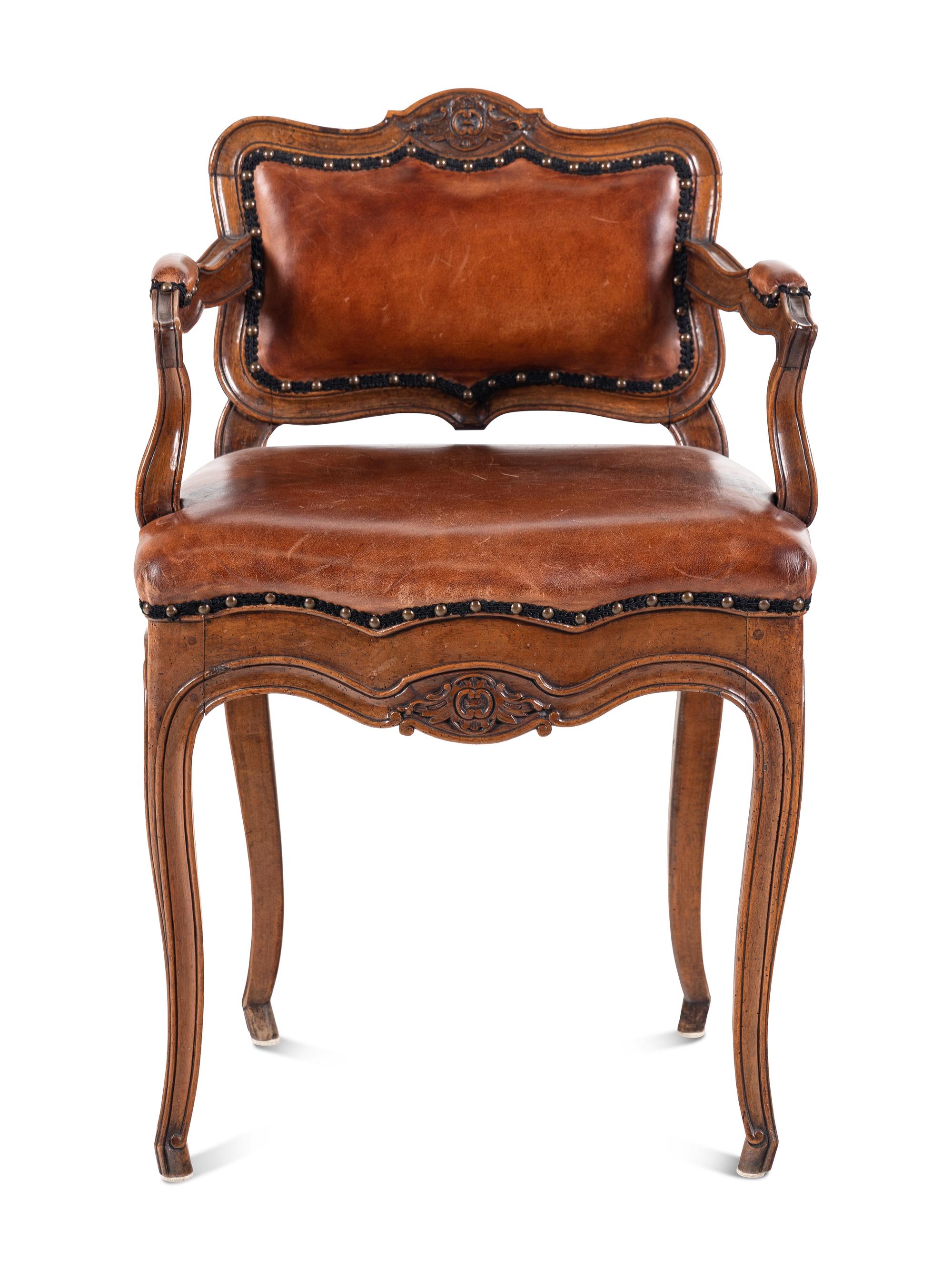 A Louis XV Leather-Upholstered Walnut Bureau Chair