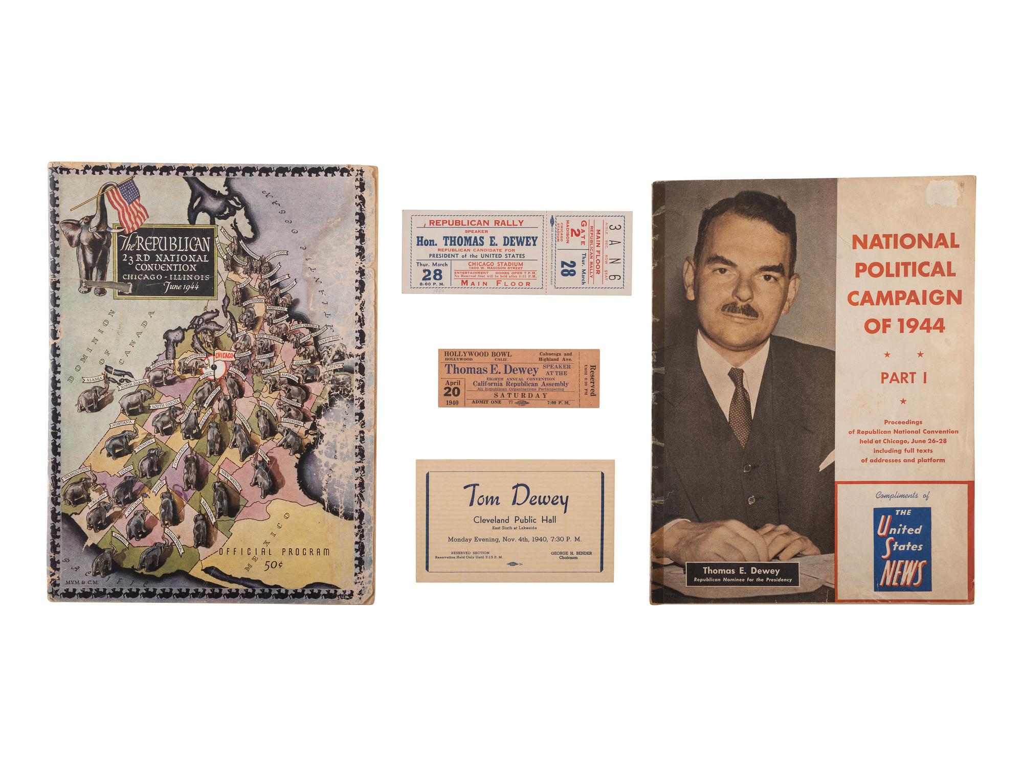 [DEWEY, Thomas (1902-1971)]. A group of 19 campaign pamphlets, tickets, and other ephemera, ca 1940-1944, including: