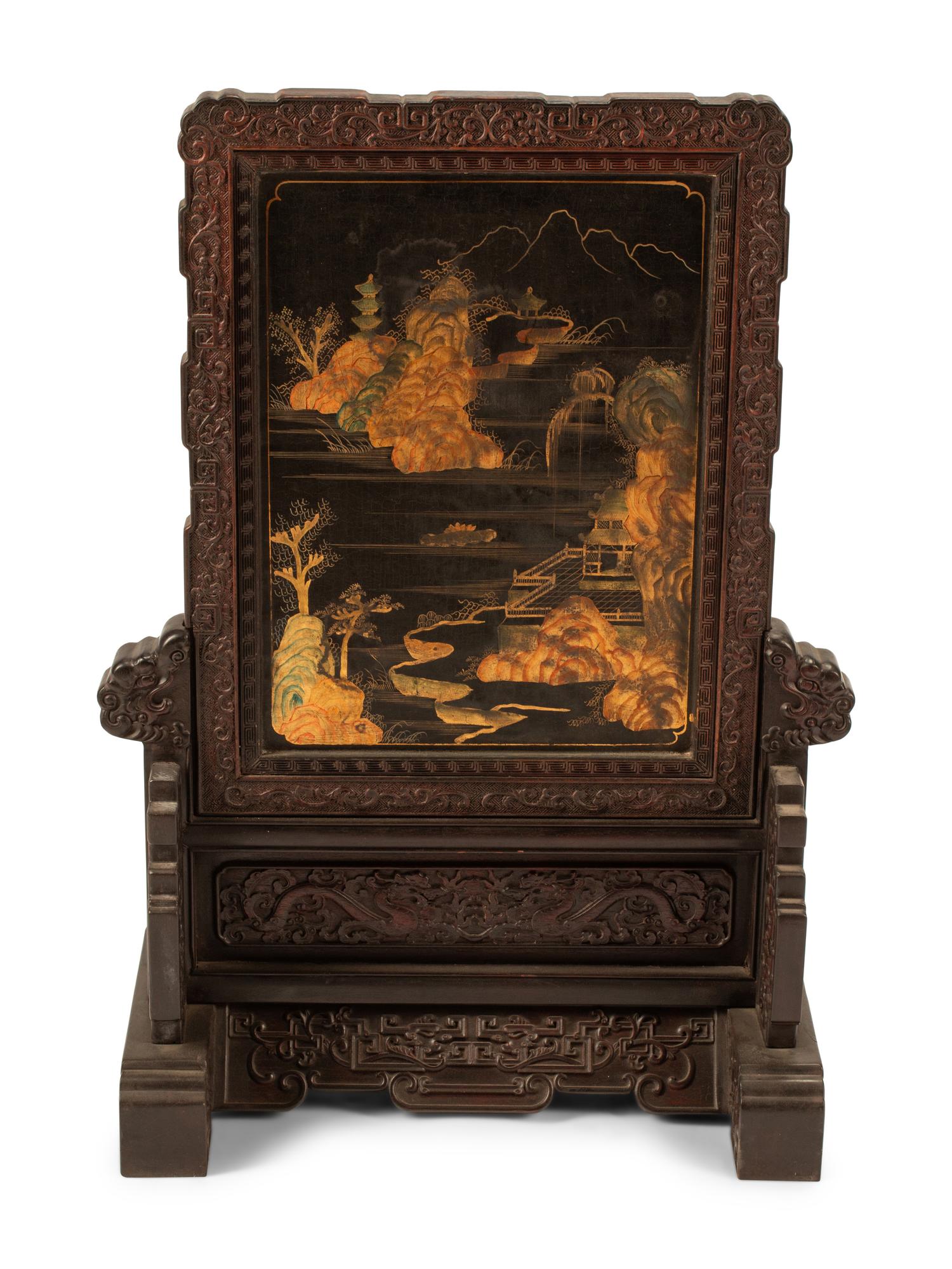 A Chinese Hardstone Inlaid Lacquer and Carved Hardwood Table Screen