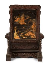 A Chinese Hardstone Inlaid Lacquer and Carved Hardwood Table Screen