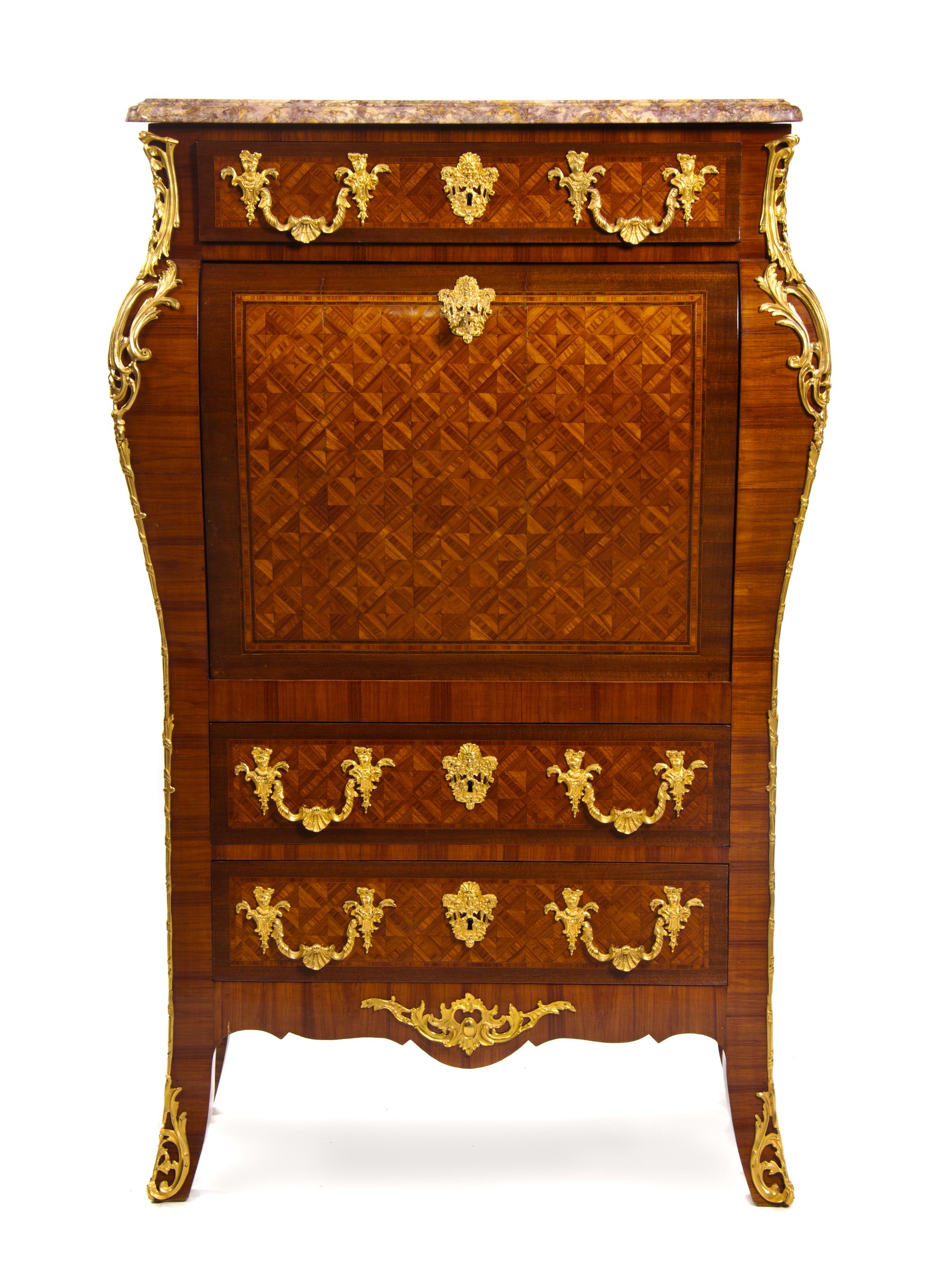 A Regence Style Gilt Bronze Mounted Parquetry Secretaire a Abattant LATE 19TH CENTURY Height 62 x width 39 x depth 17 inches. — LATE 19TH CENTURY