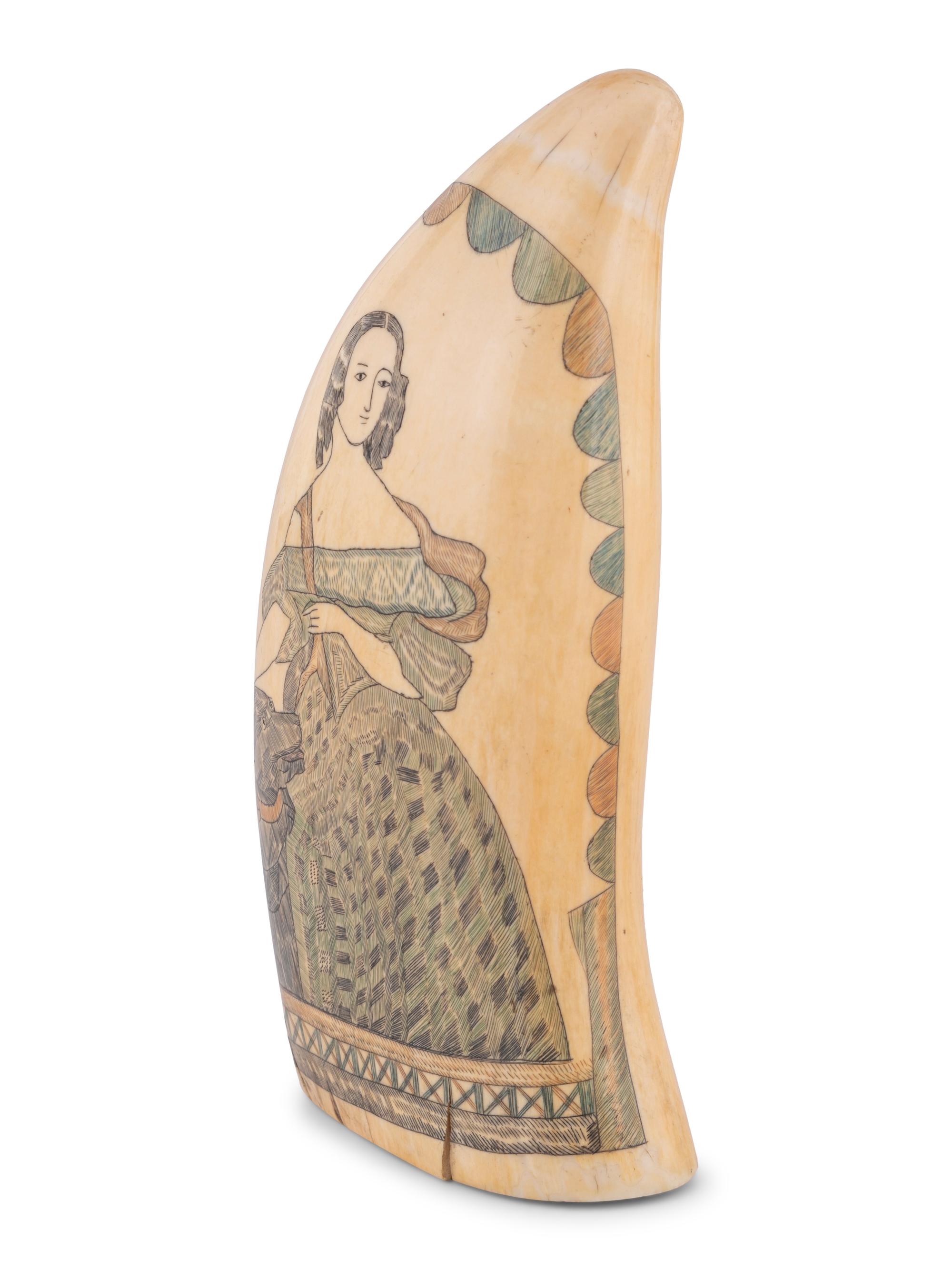 A Scrimshaw Tooth with Polychrome Portrait of a Woman and Dog