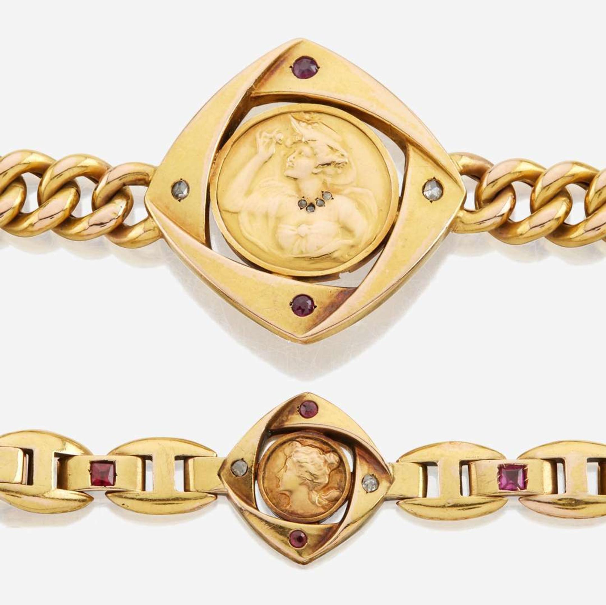 A Pair of Gold, Ruby, and Diamond Bracelets