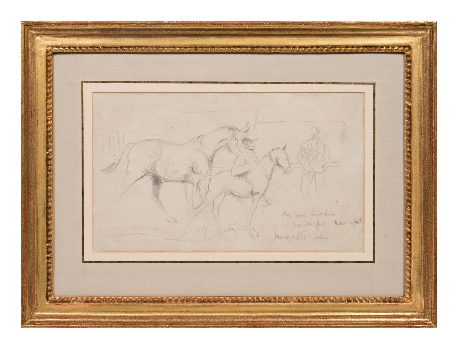 A Mare and Foal with a Groom and a Figure in the Background at Newmarket Sales