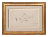 A Mare and Foal with a Groom and a Figure in the Background at Newmarket Sales