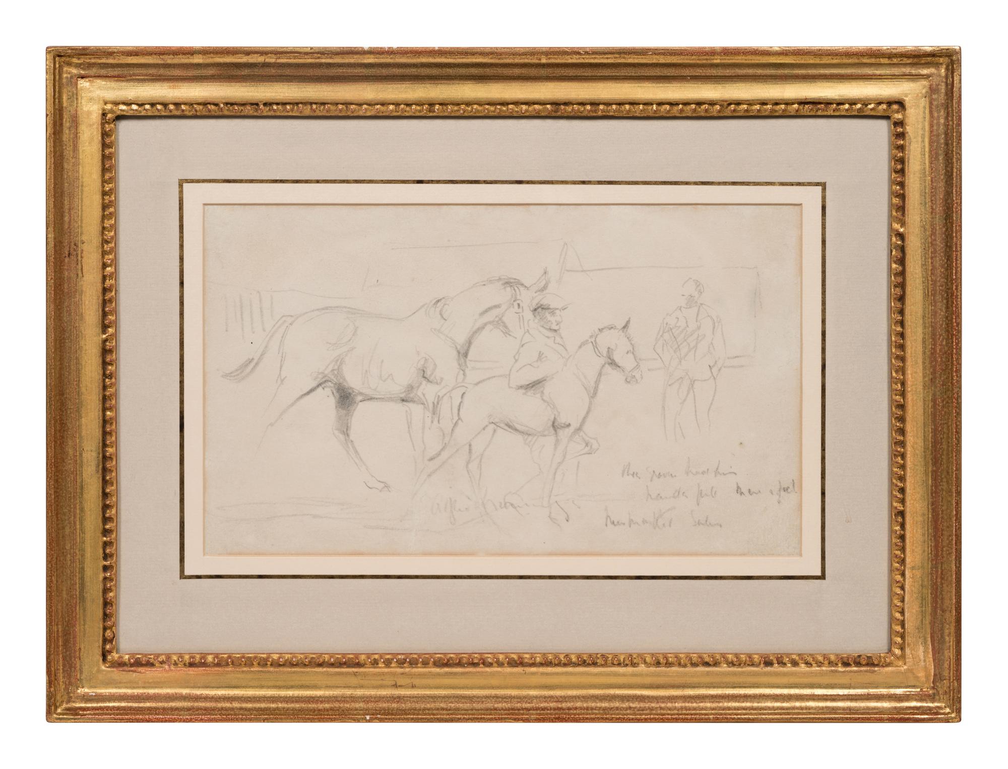 A Mare and Foal with a Groom and a Figure in the Background at Newmarket Sales