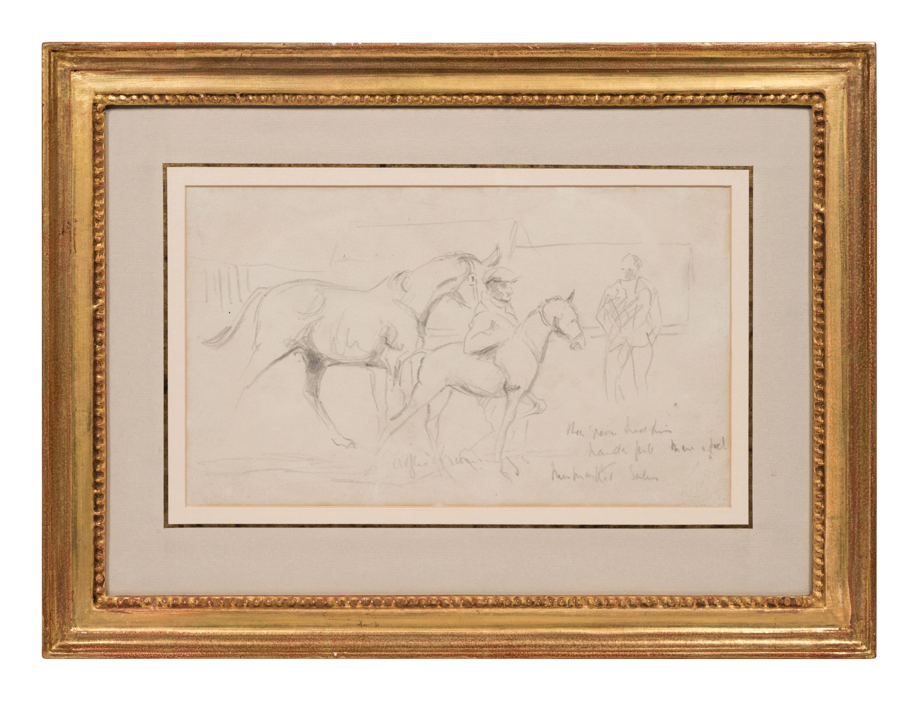 A Mare and Foal with a Groom and a Figure in the Background at Newmarket Sales
