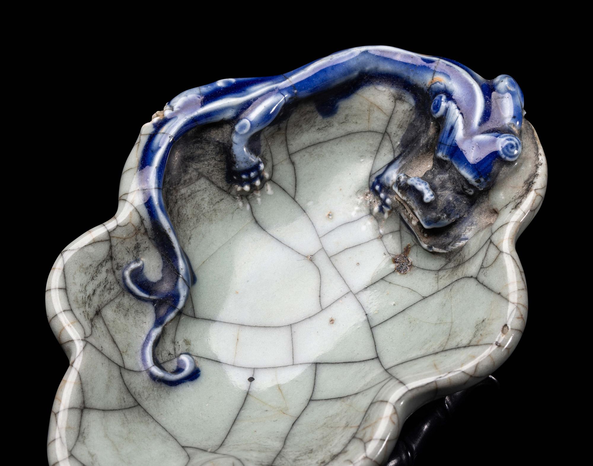 A Chinese Blue Enameled Ge-Type Porcelain 'Chilong' Ink Palette