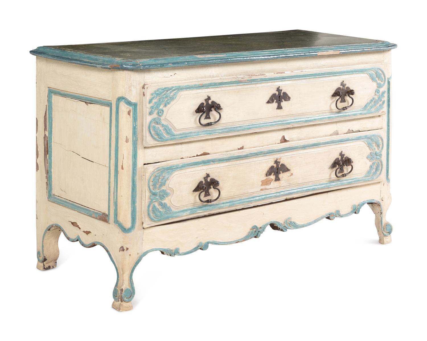A Louis XV Provincial Blue and Cream-Painted Commode