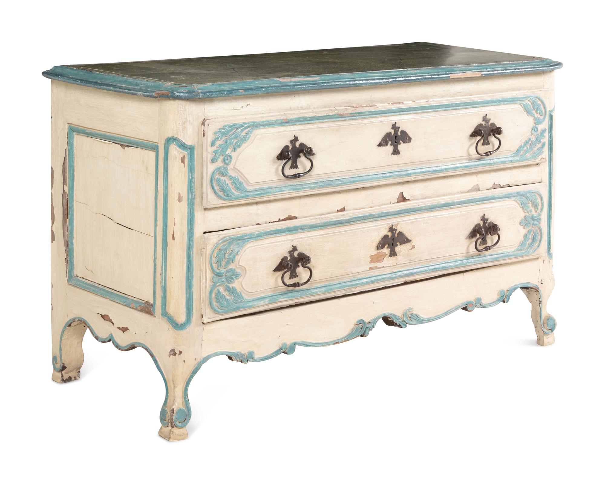 A Louis XV Provincial Blue and Cream-Painted Commode