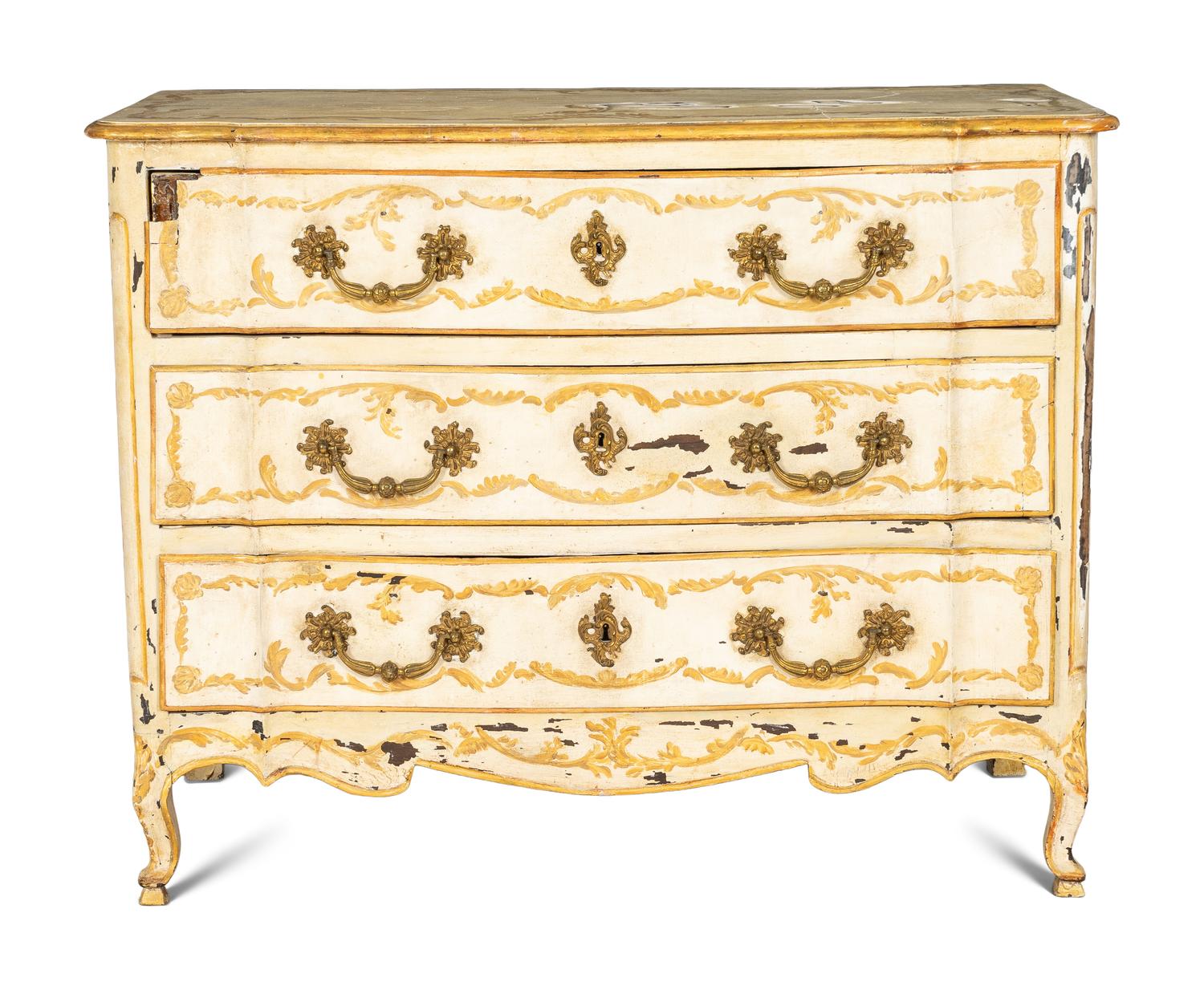 A Louis XV Paint Decorated and Parcel Gilt Walnut Commode