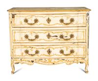 A Louis XV Paint Decorated and Parcel Gilt Walnut Commode
