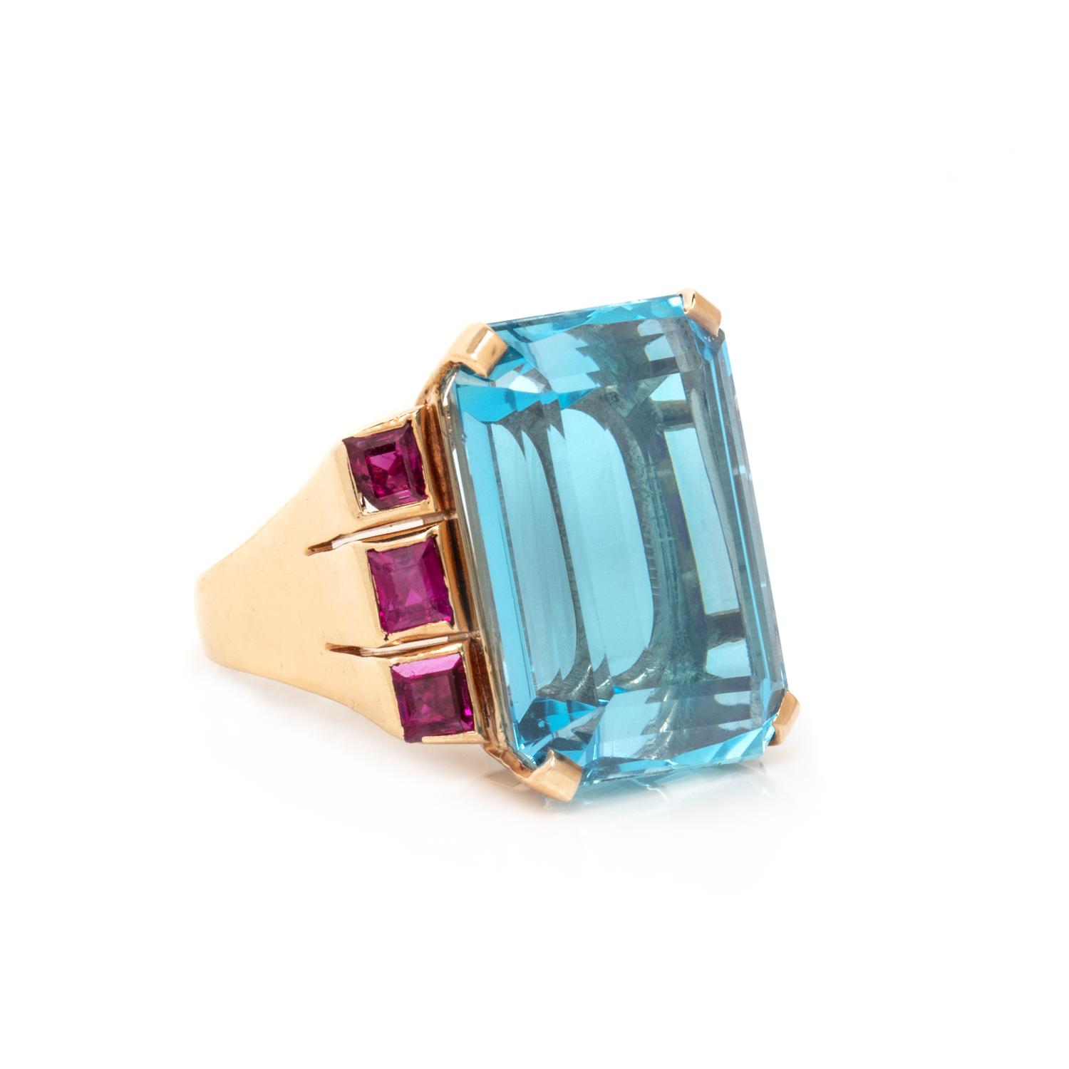 RETRO, AQUAMARINE AND RUBY RING