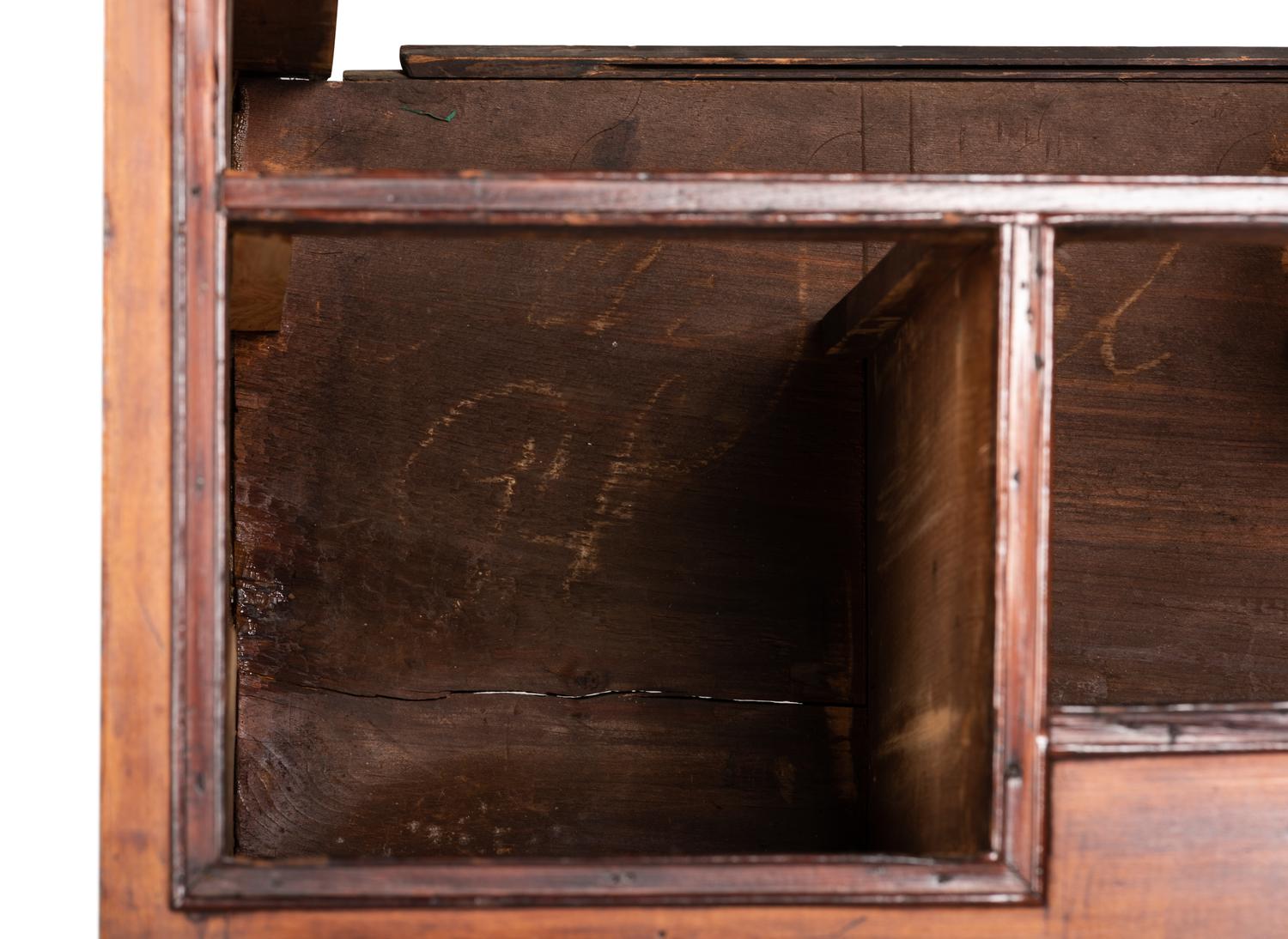 A Queen Anne Cherrywood and Maple Flat Top High Chest with Cornice Drawer