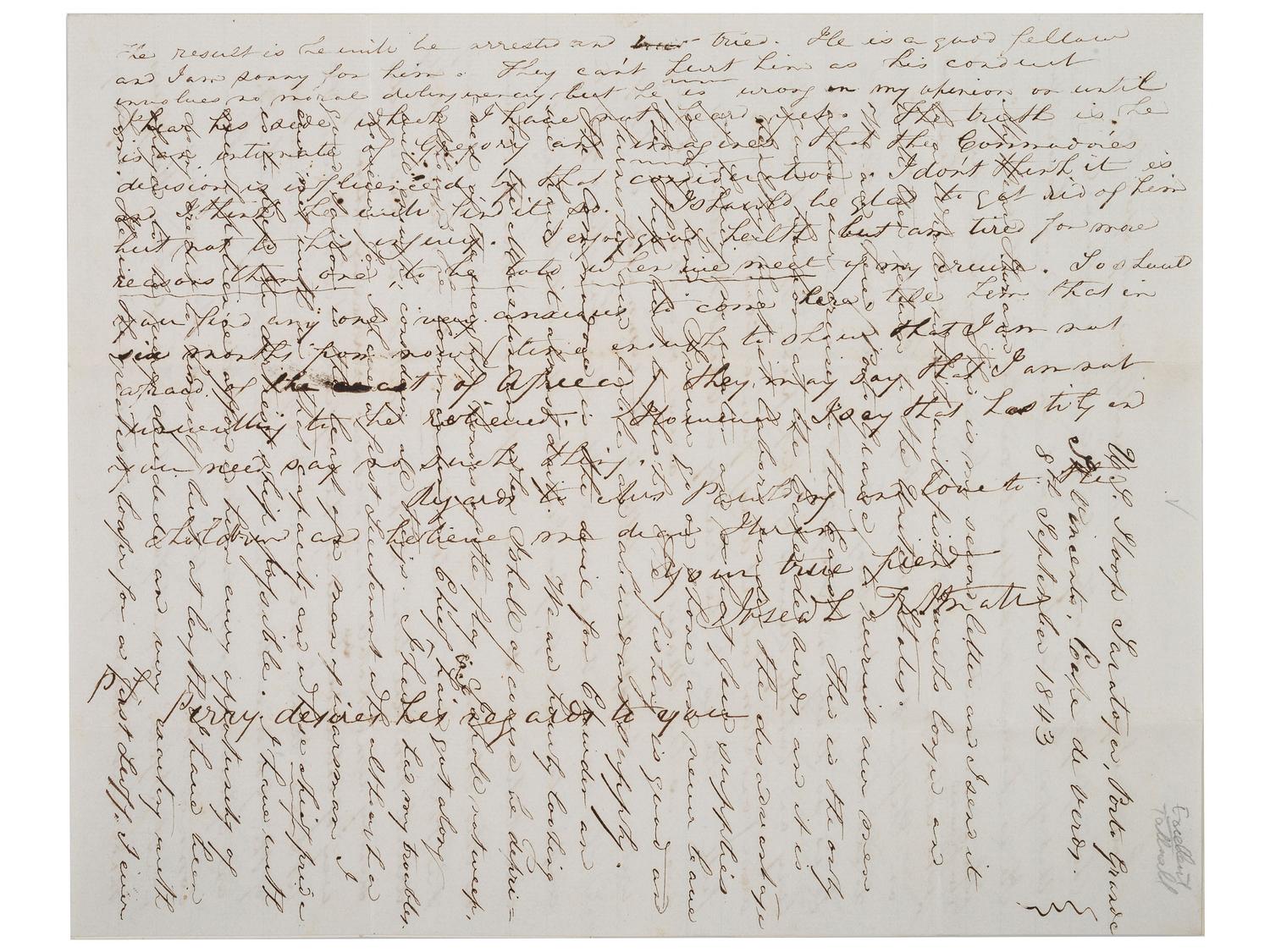 [US NAVY]. TATTNALL, Commodore Josiah (1795-1871). Correspondence from Josiah Tattnall III to his longtime friend Commodore Hiram Paulding, 1830s-1850s. [ With: ] Paulding's manuscript account of their friendship.