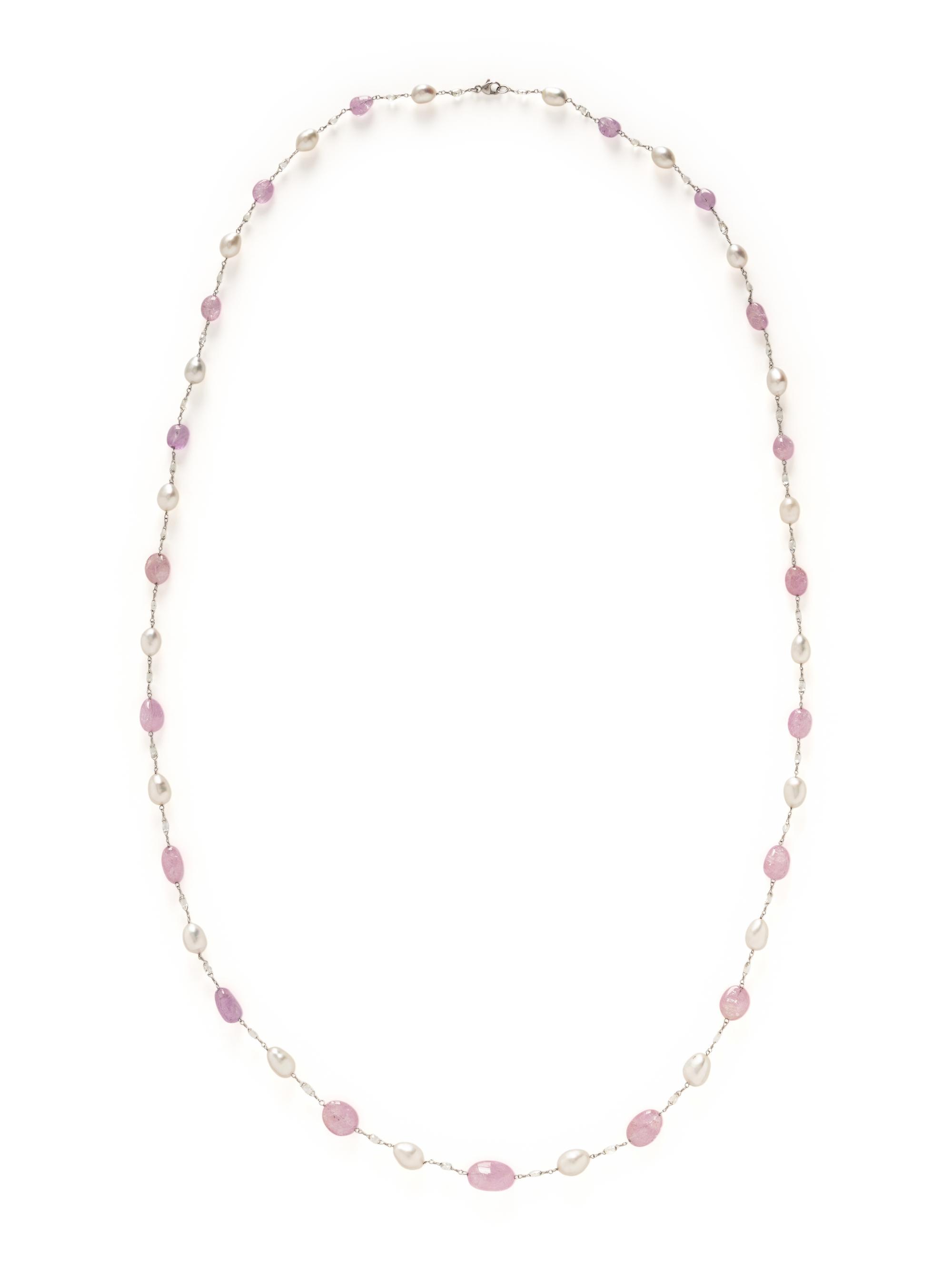 CULTURED PEARL, PINK SAPPHIRE, AND DIAMOND NECKLACE