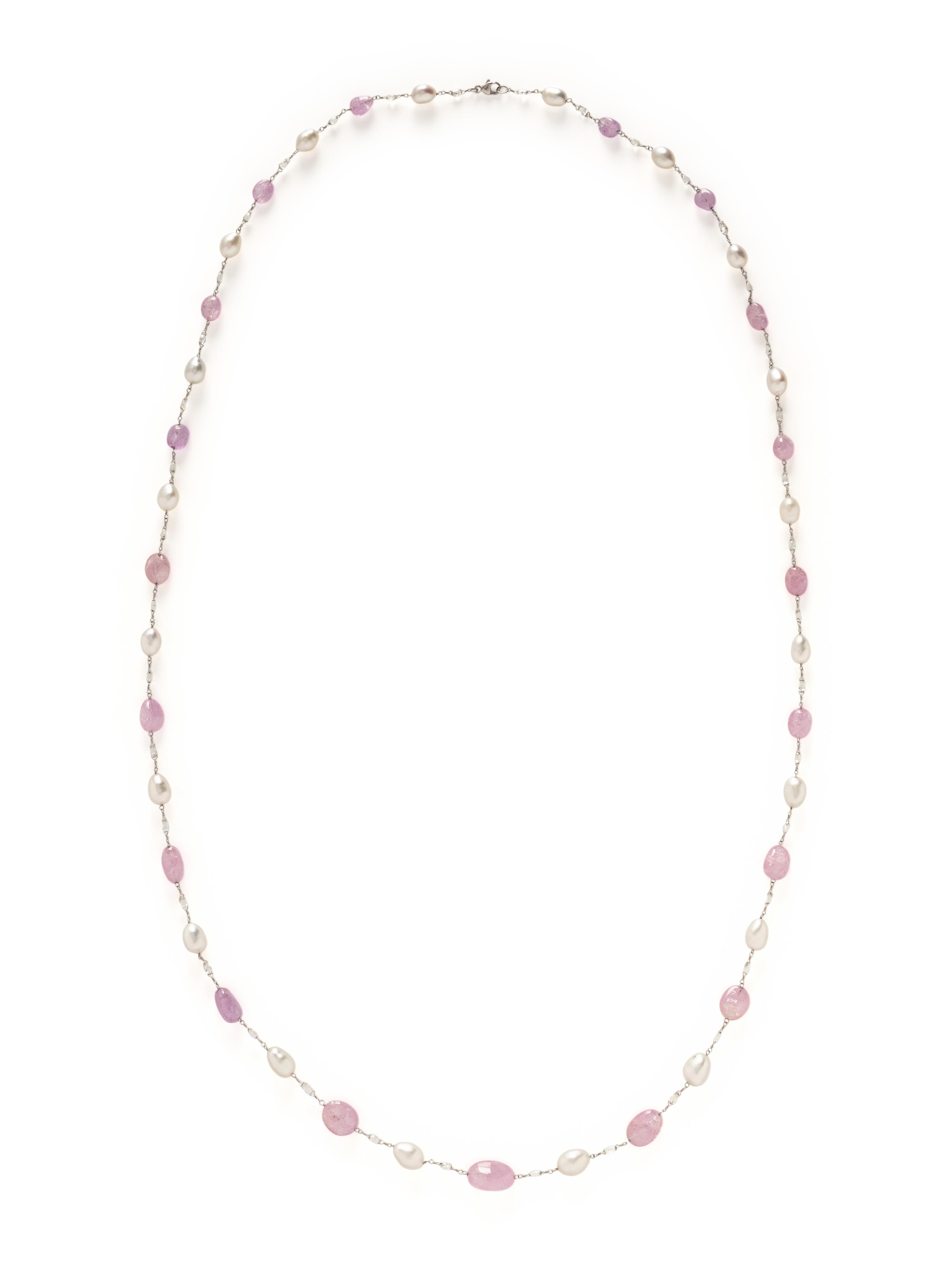CULTURED PEARL, PINK SAPPHIRE, AND DIAMOND NECKLACE