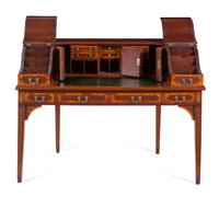 A George III Style Inlaid and Figured Mahogany Leather Inset Carlton House Desk