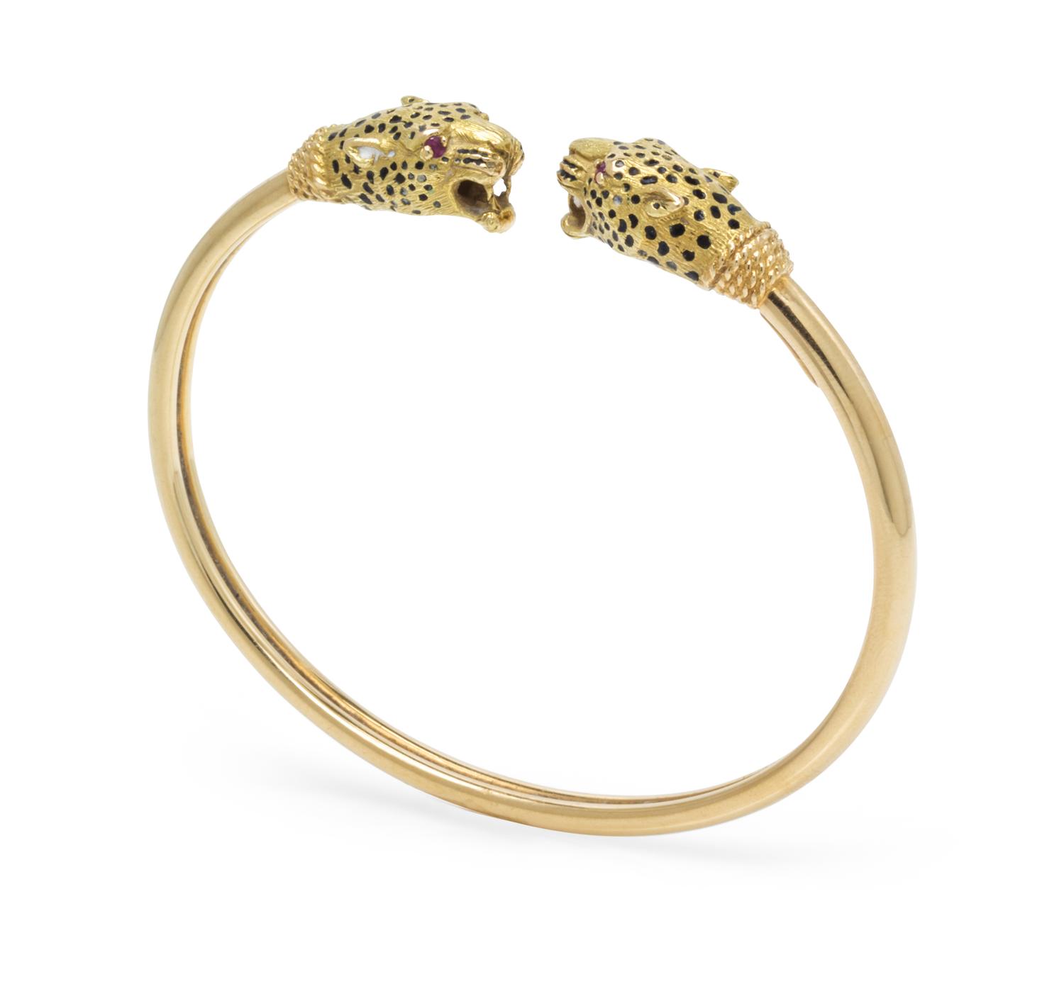 An 18 Karat Yellow Gold, Enamel and Ruby Panther Bracelet, French, 11.00 dwts.