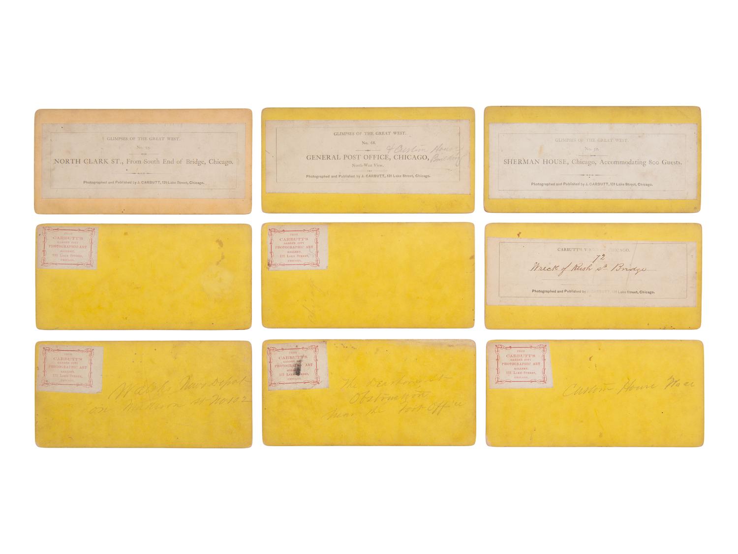 [EARLY PHOTOGRAPHY]. 33 mostly pre-fire stereoviews of Chicago, many by J. CARBUTT.