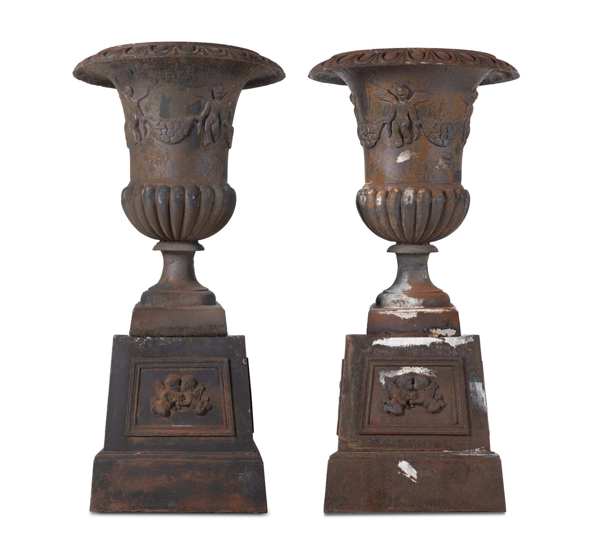 A Pair of Cast Iron Garden Urns
