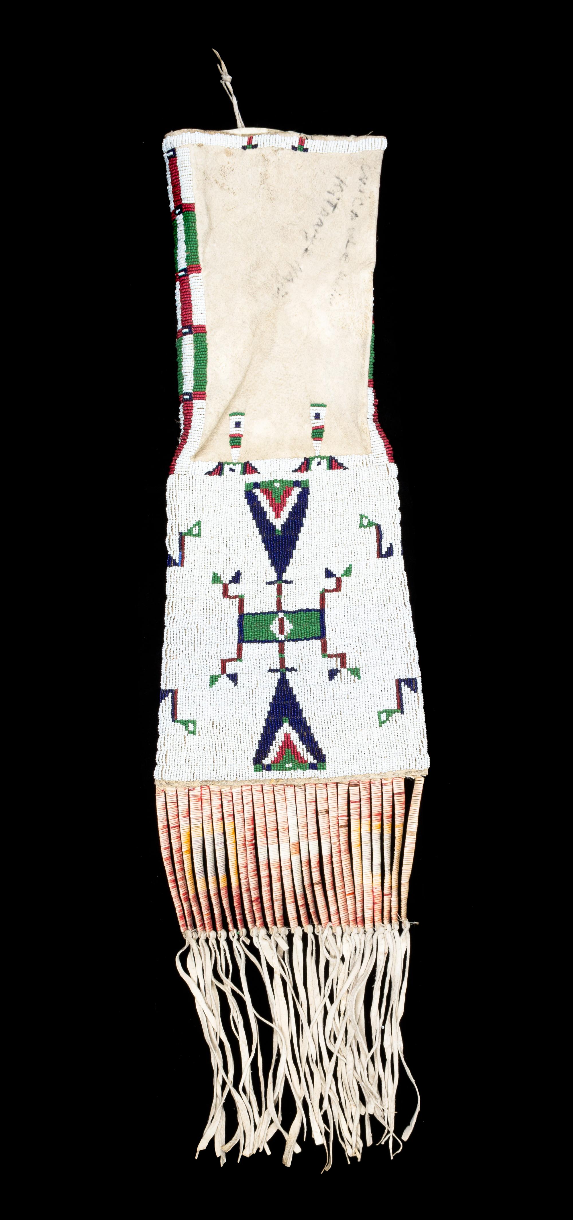 A Sioux Beaded and Quilled Pipe Bag Length overall 29 1/2 x width 8 inches.