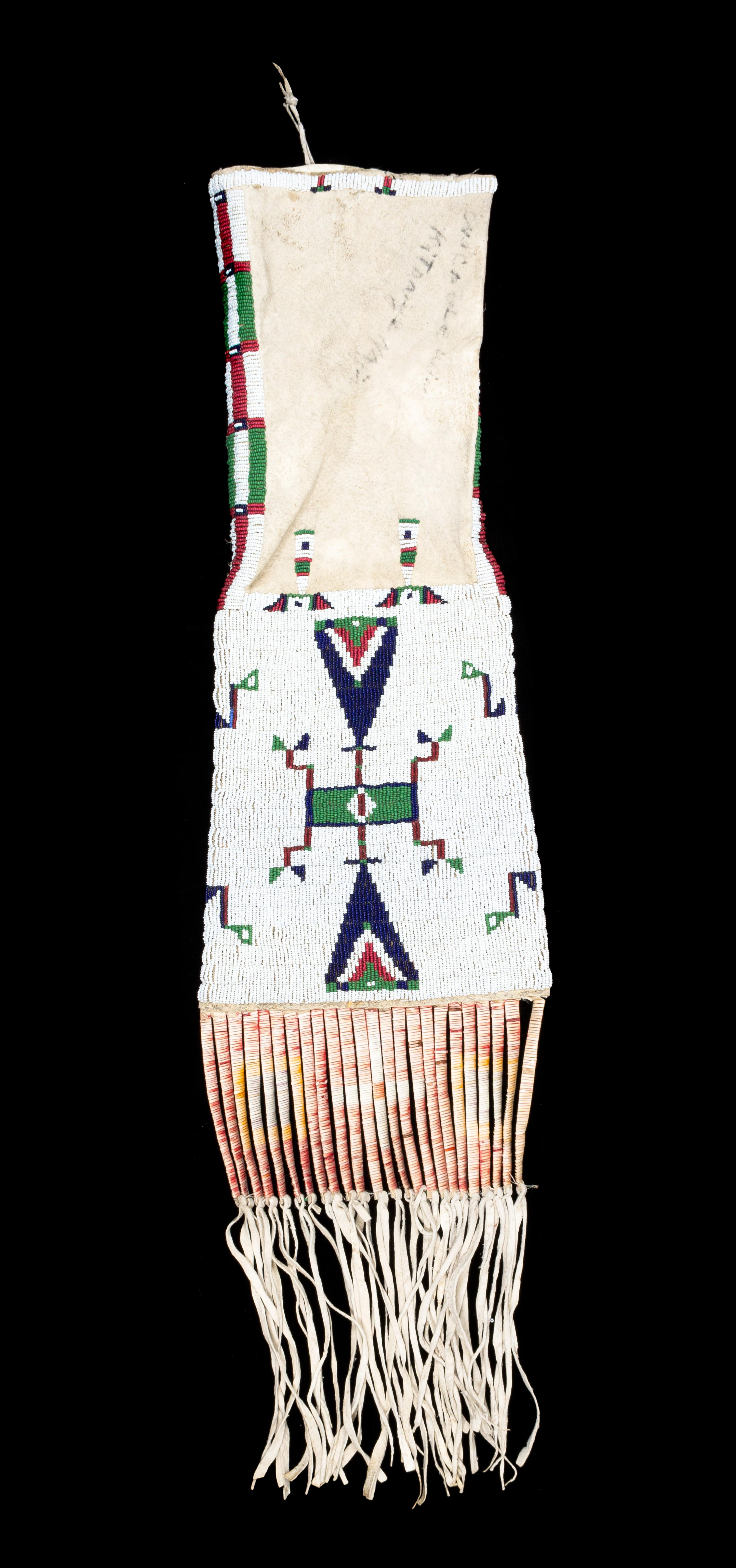 A Sioux Beaded and Quilled Pipe Bag Length overall 29 1/2 x width 8 inches.