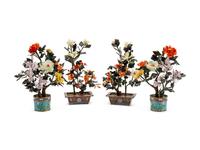Two Pair of Chinese Jade and Hardstone Shrubs in Cloisonne Enamel Pots