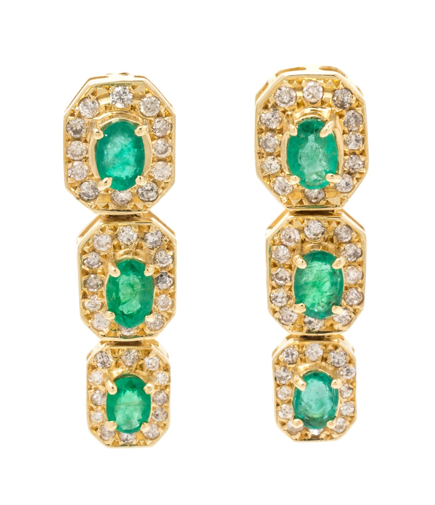 A Pair of Yellow Gold, Emerald and Diamond Earrings, 5.50 dwts.