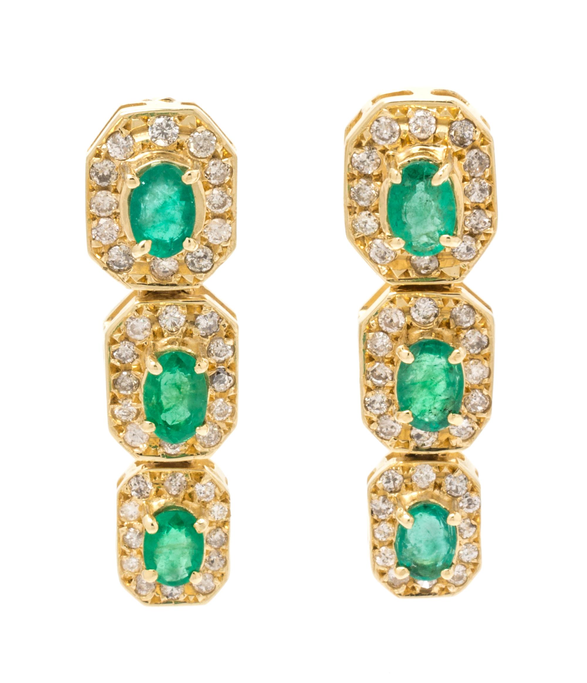 A Pair of Yellow Gold, Emerald and Diamond Earrings, 5.50 dwts.