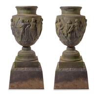 A Pair of Cast Metal Garden Urns Height overall 54 inches. — AFTER THE ANTIQUE, 20TH CENTURY