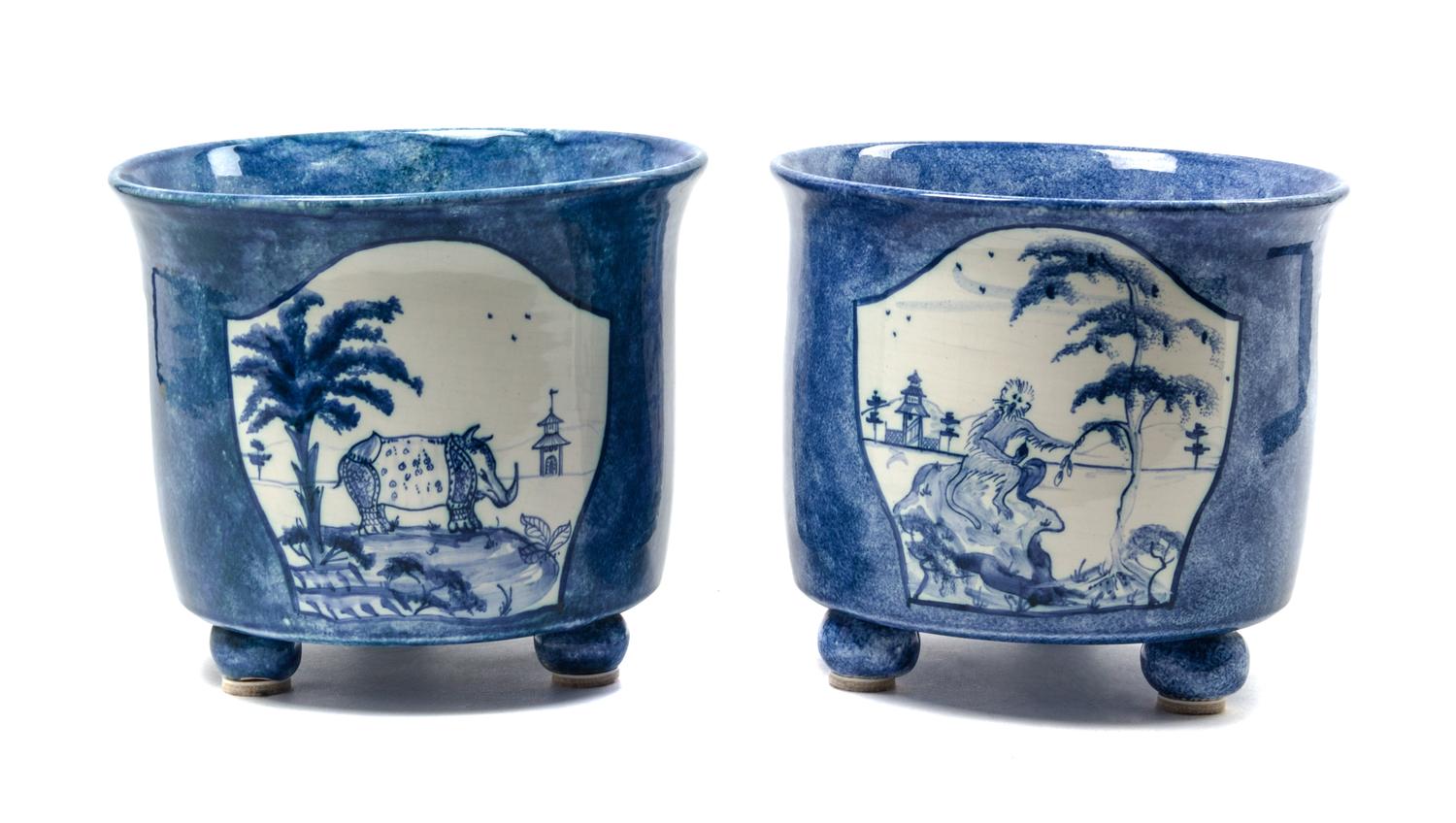 Two Pairs of Blue and White Jardinieres Height of tallest 8 inches. — 20TH CENTURY