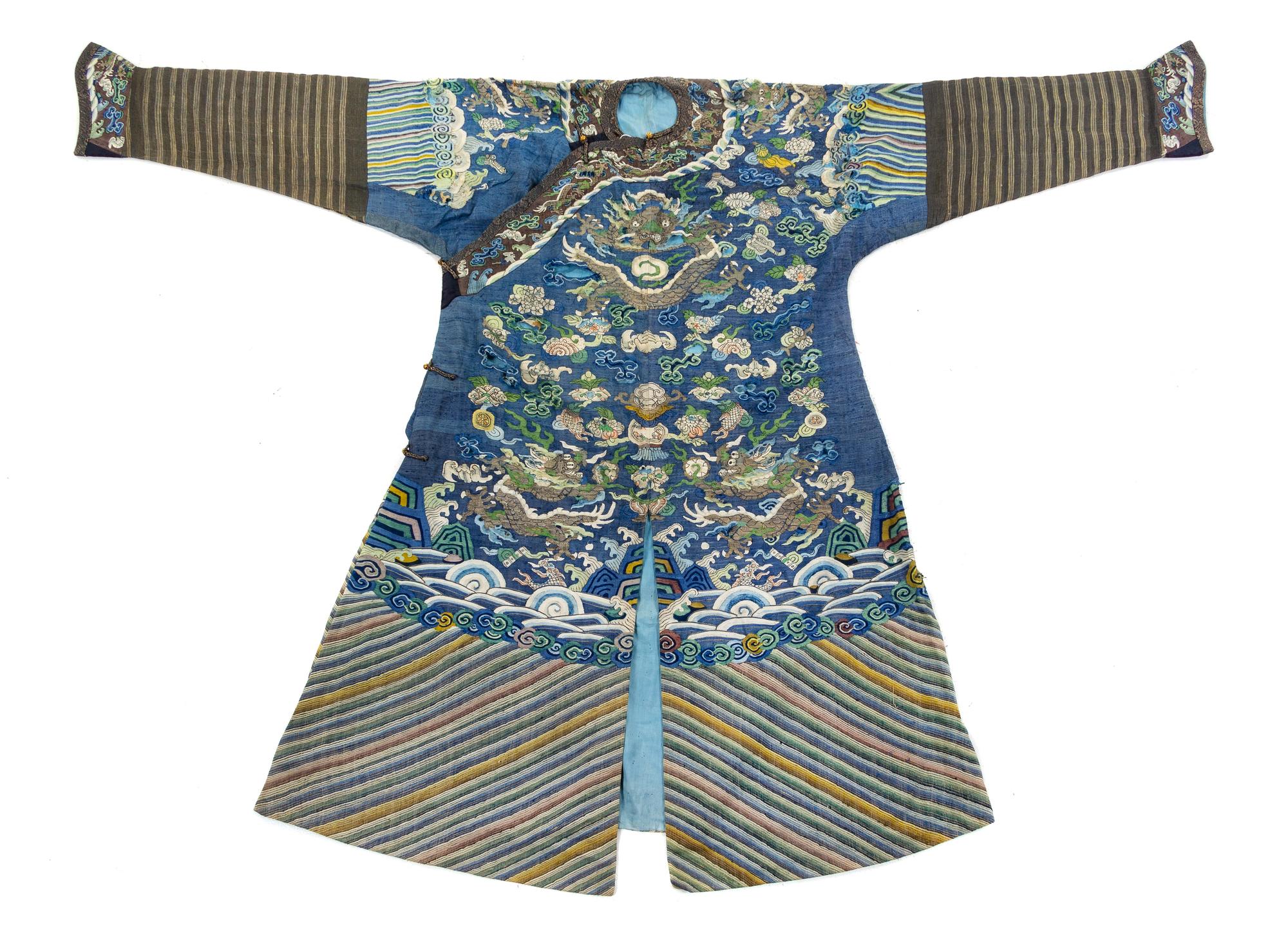 A Blue Ground Kesi Silk Dragon Robe