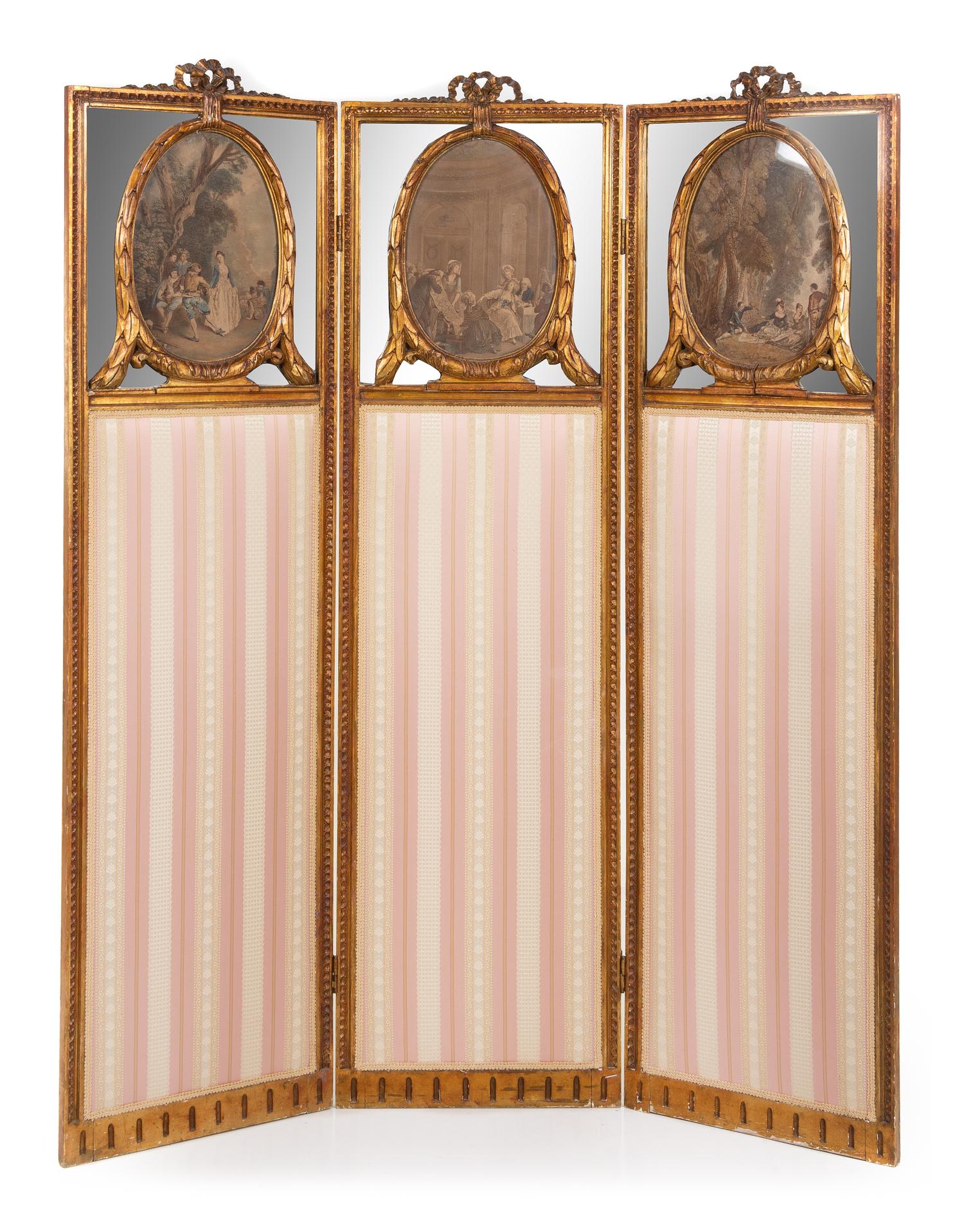 A Louis XVI Giltwood Three-Fold Dressing Screen Height 68 x width of each panel 18 5/8 inches. — LATE 19TH/EARLY 20TH CENTURY