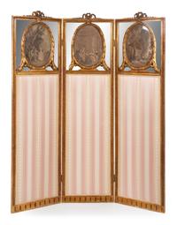 A Louis XVI Giltwood Three-Fold Dressing Screen Height 68 x width of each panel 18 5/8 inches. — LATE 19TH/EARLY 20TH CENTURY