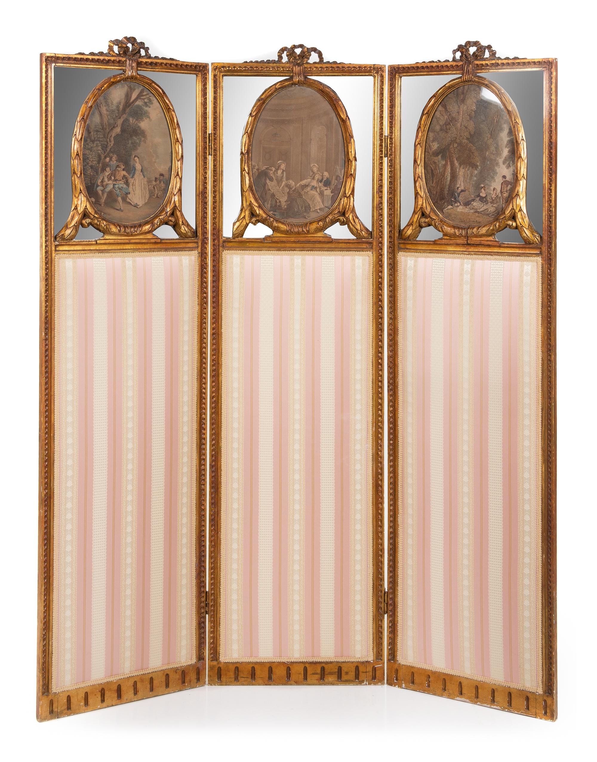 A Louis XVI Giltwood Three-Fold Dressing Screen Height 68 x width of each panel 18 5/8 inches. — LATE 19TH/EARLY 20TH CENTURY