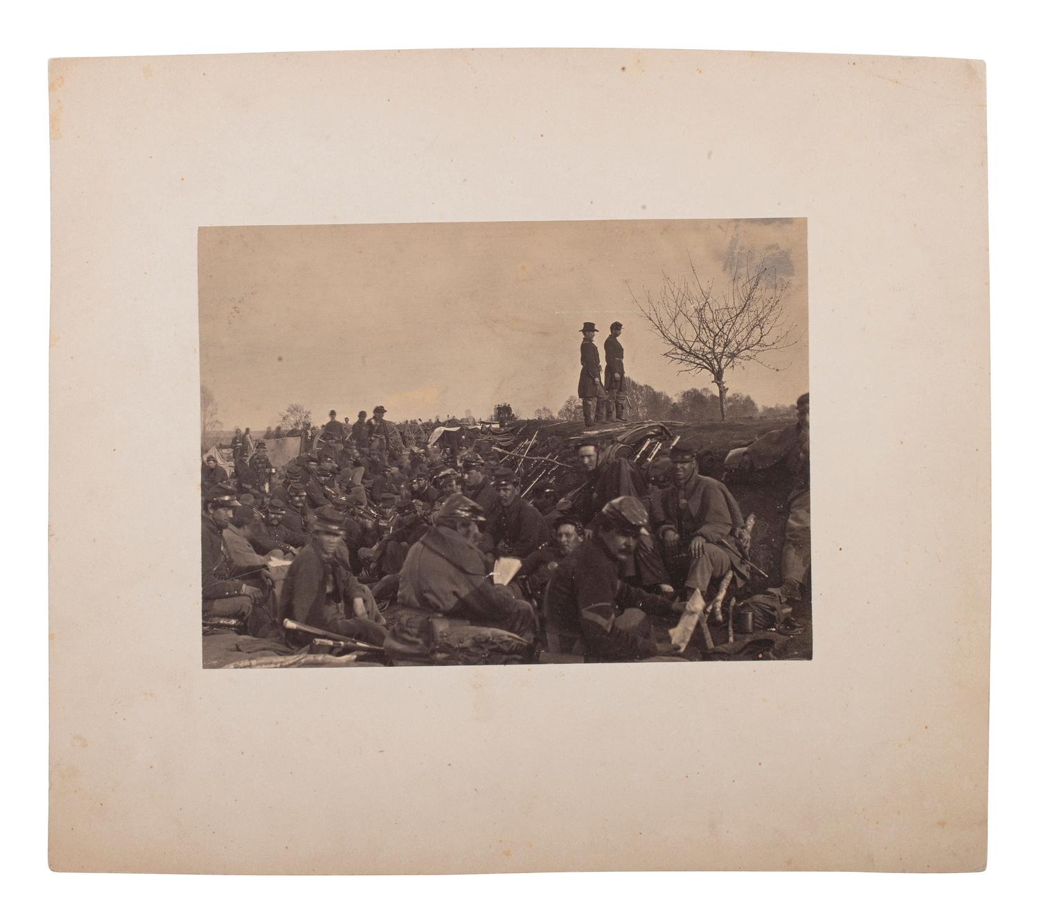 [CIVIL WAR]. [RUSSELL, Andrew J. (1830-1902), photographer.] [ Union soldiers entrenched along the west bank of the Rappahannock River at Fredericksburg, VA .] Ca 1862-63.