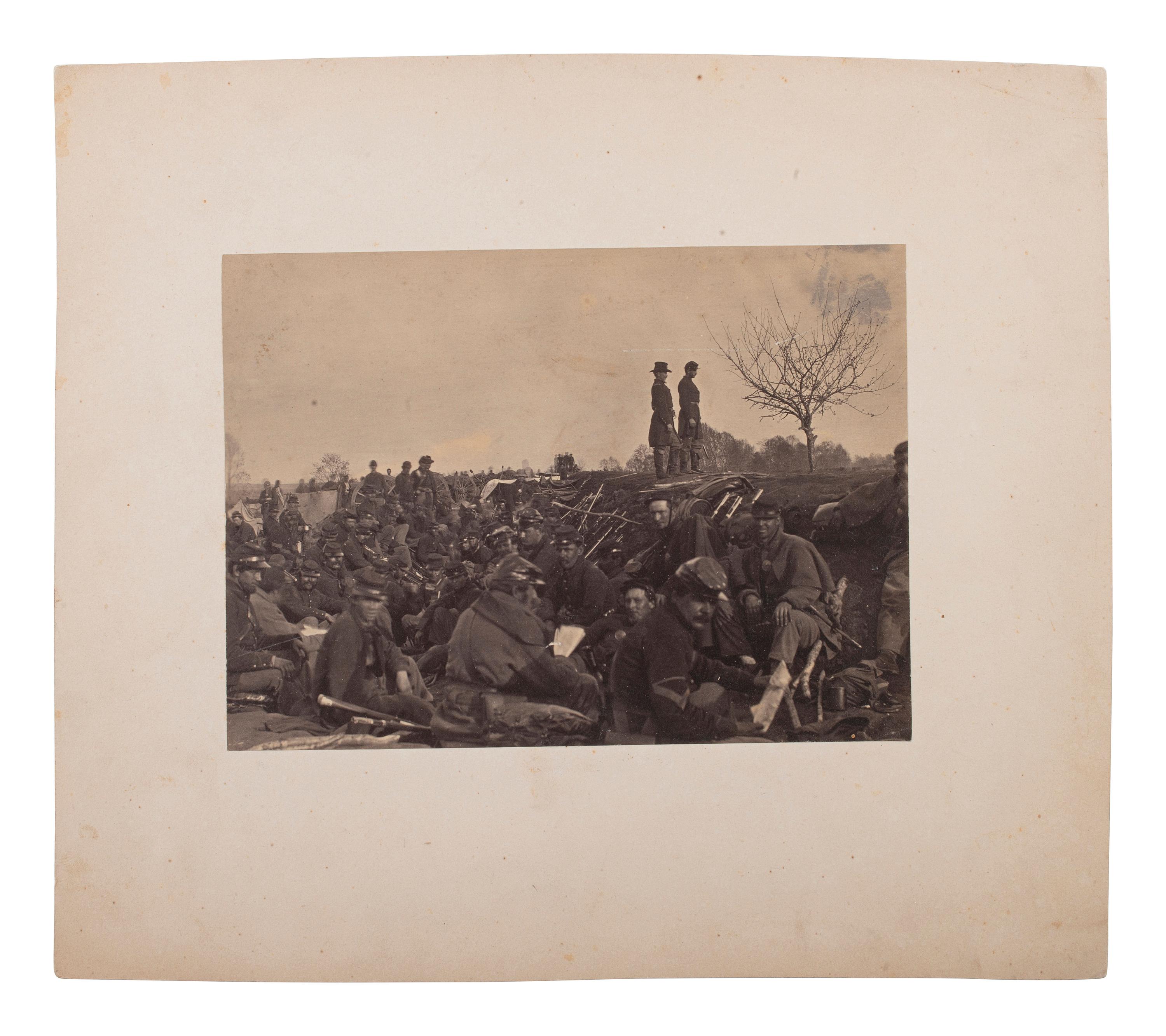[CIVIL WAR]. [RUSSELL, Andrew J. (1830-1902), photographer.] [ Union soldiers entrenched along the west bank of the Rappahannock River at Fredericksburg, VA .] Ca 1862-63.