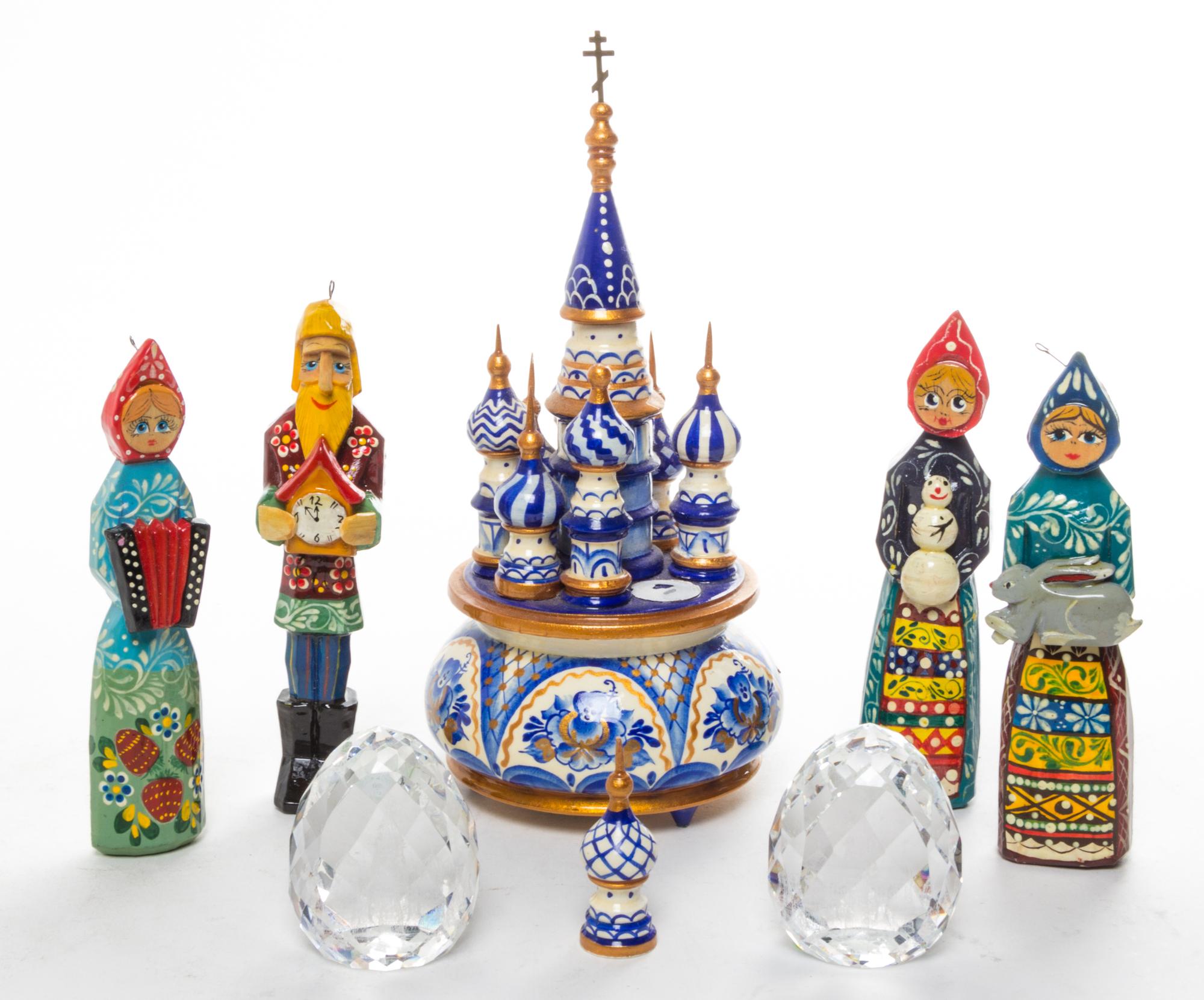 A Group of Seven Russian Decorative Articles Height of music box 7 7/8 inches.