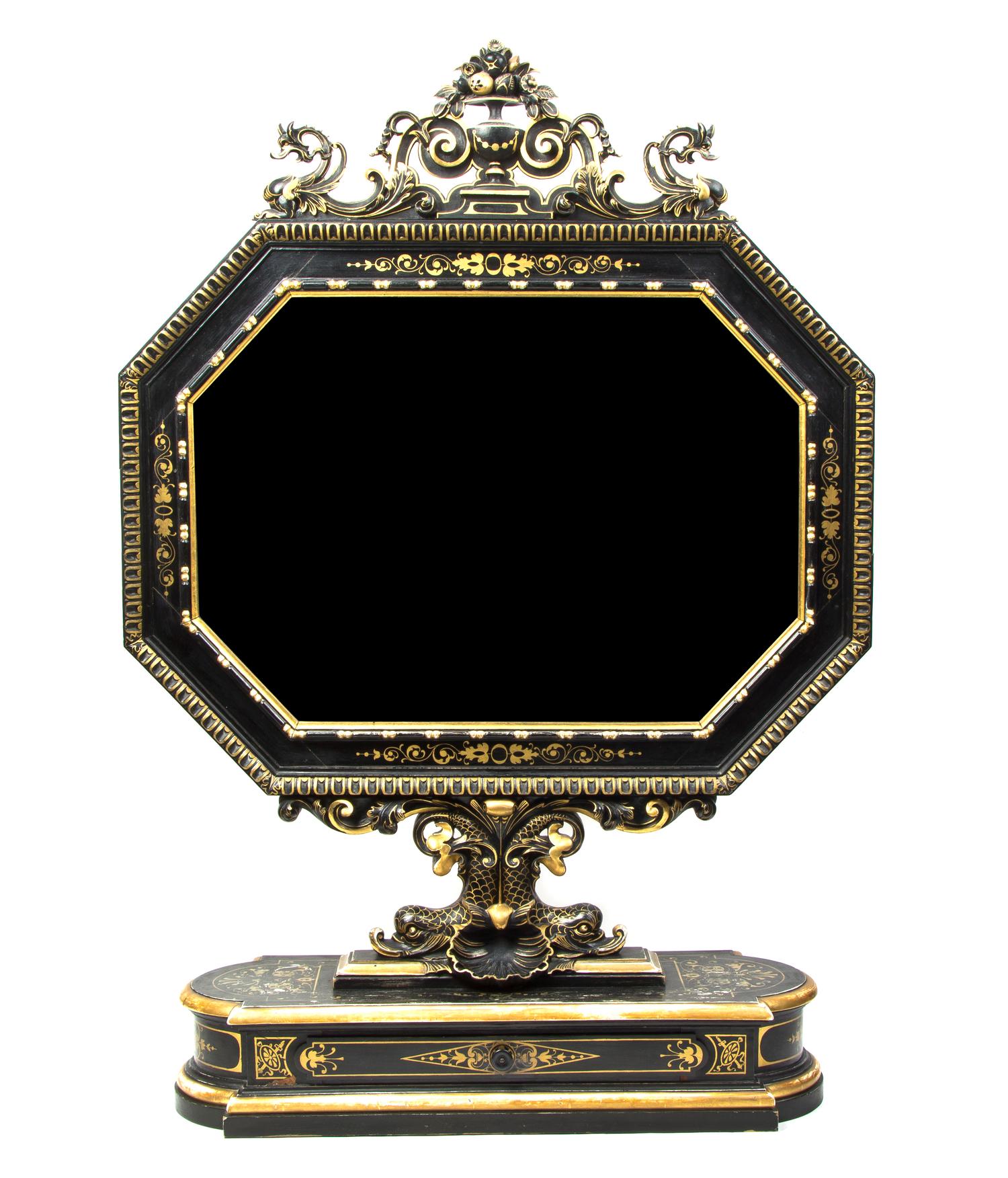 A Venetian Painted and Parcel Gilt Dresser Mirror, Height 40 1/2 x width 28 3/8 x depth 9 1/8 inches.