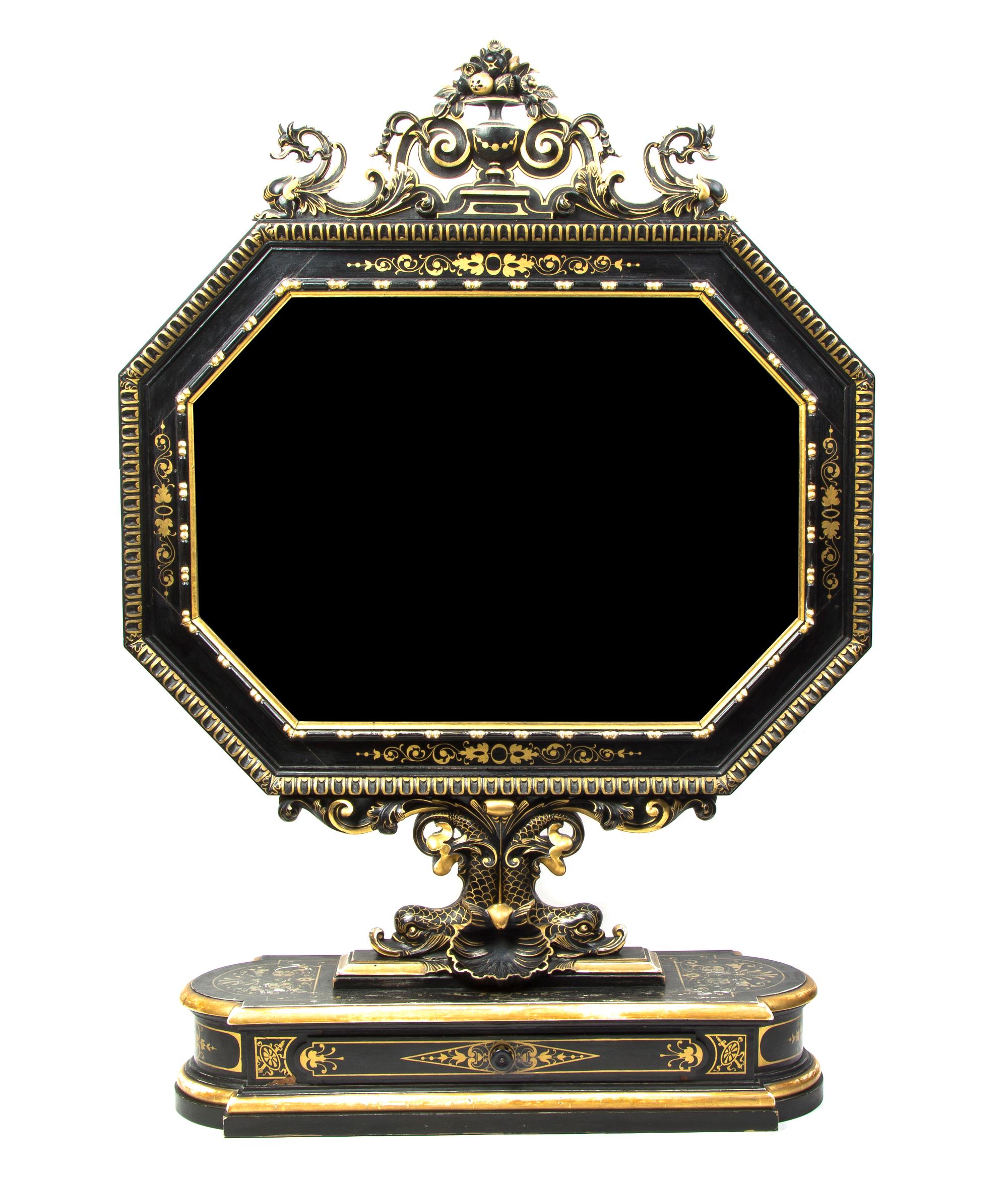 A Venetian Painted and Parcel Gilt Dresser Mirror, Height 40 1/2 x width 28 3/8 x depth 9 1/8 inches.