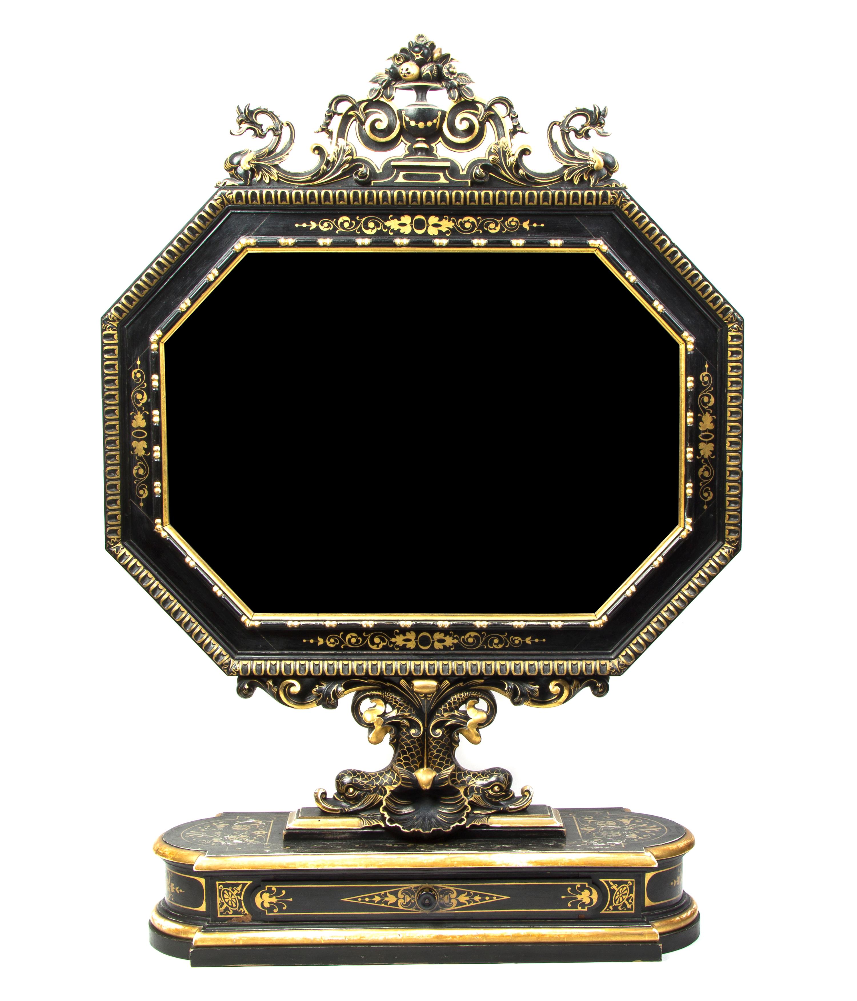 A Venetian Painted and Parcel Gilt Dresser Mirror, Height 40 1/2 x width 28 3/8 x depth 9 1/8 inches.