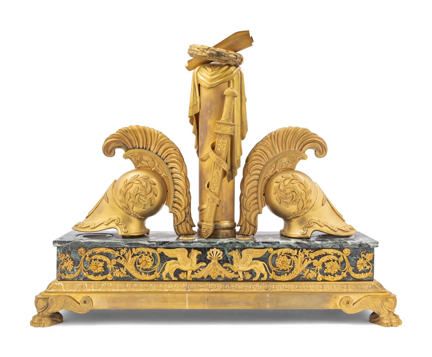 A Large Empire Style Gilt Bronze and Vert de Mer Marble Ink Stand