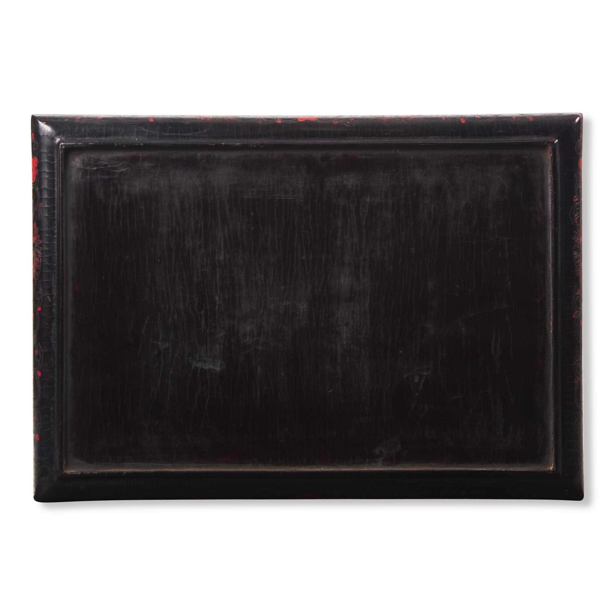 A Chinese Qiangjin and Tianqi Lacquer Rectangular Tray, 19th Century 清中期 戧金填漆花鳥圖長方盤